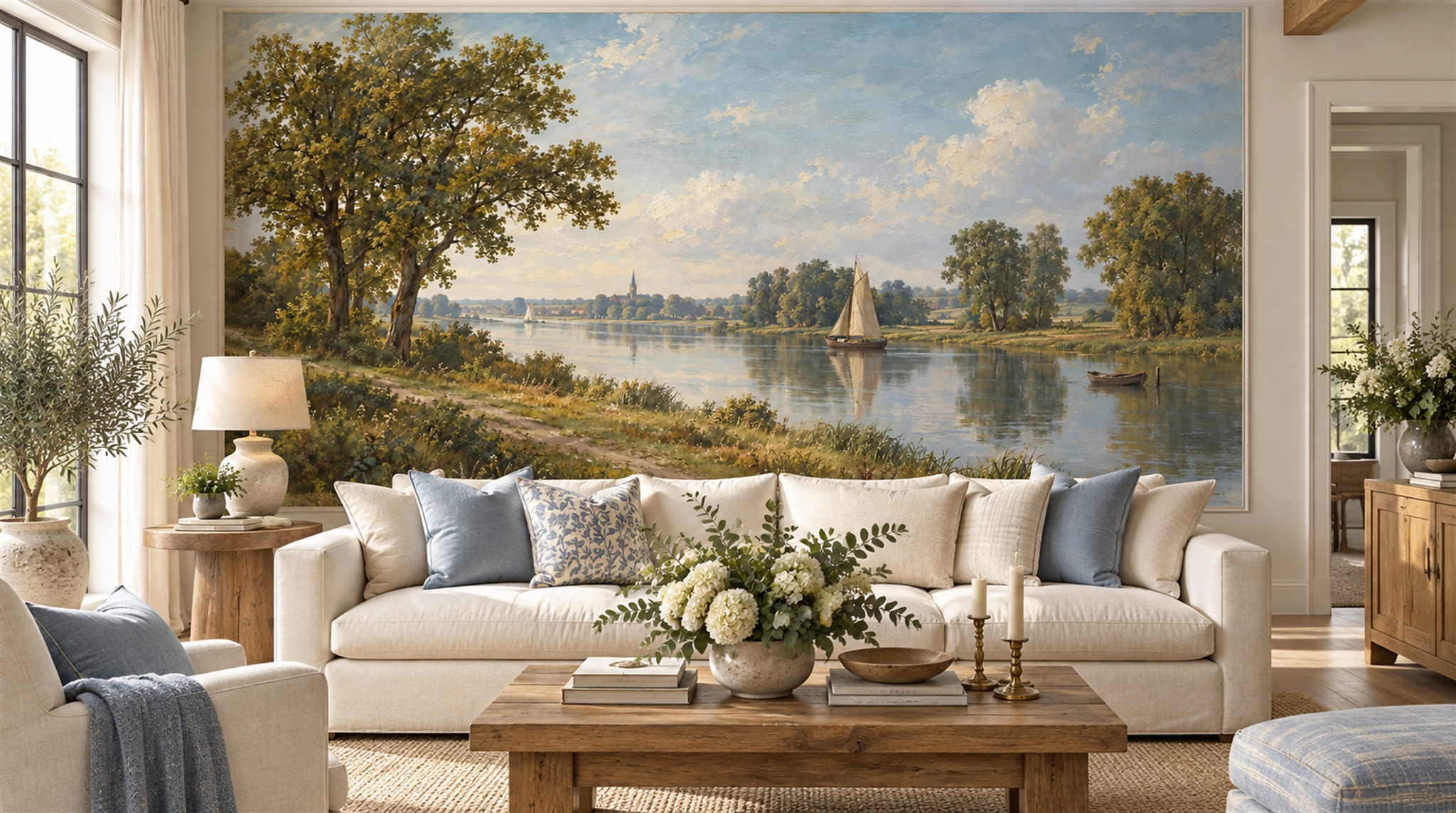 Red And Sage Green A Painterly Scenic Office-wallpaper-murals, Shown In A Home Office, Peel-and-stick Finish