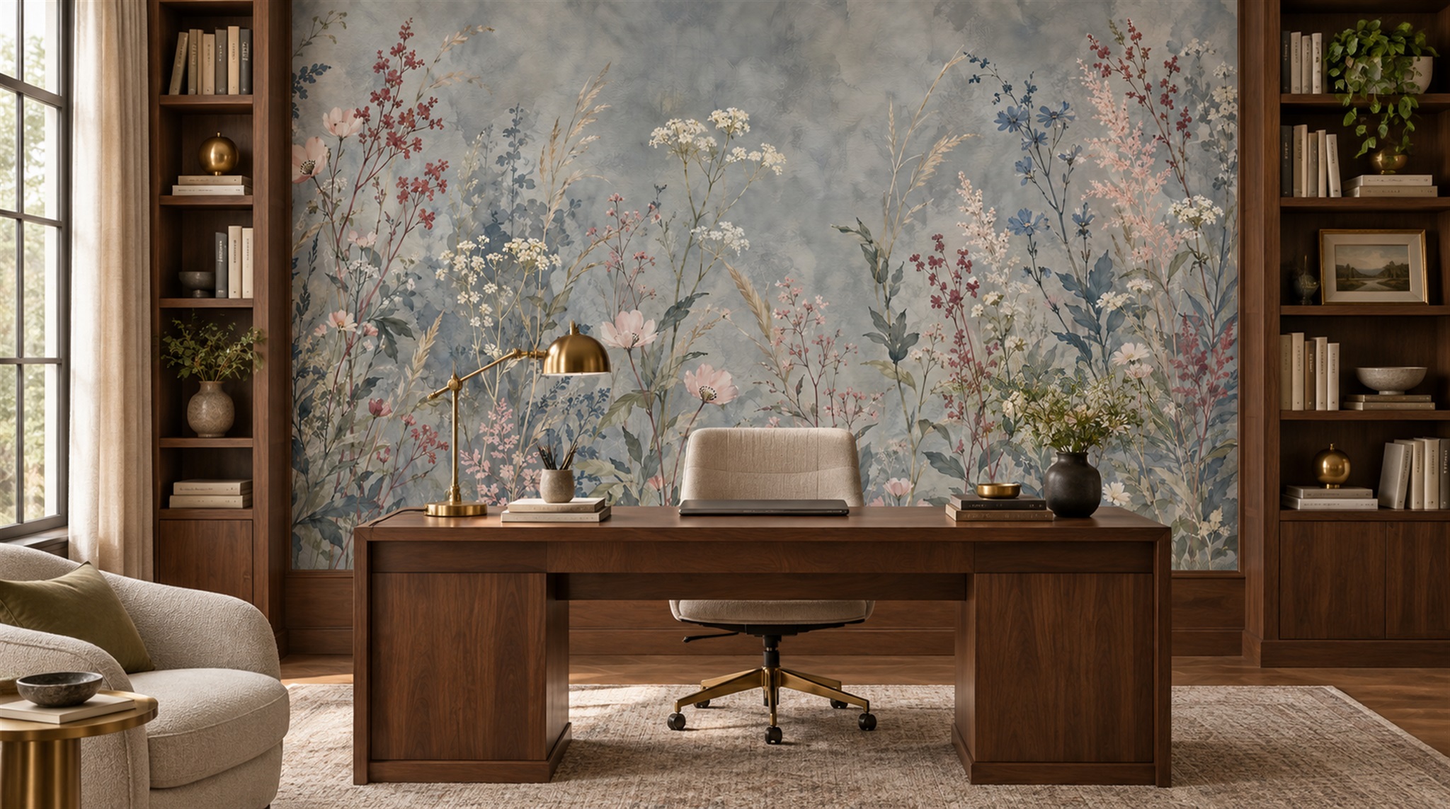 Red And Blue Floral Forms Wallpaper Mural Living-room-wallpaper-murals, Shown In A Living Room, Peel-and-stick Finish