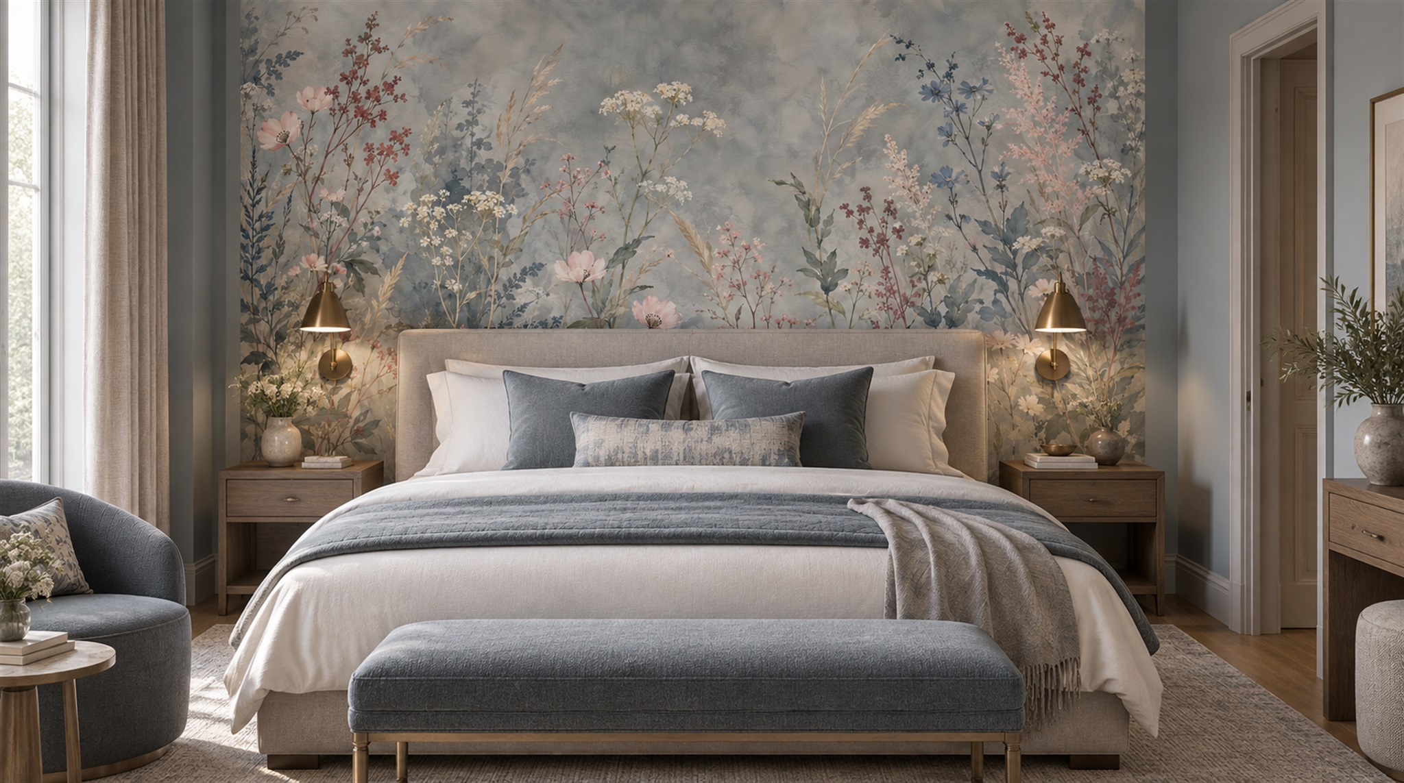 Red And Blue Floral Forms Wallpaper Mural Accent-wall-wallpaper-murals, Peel-and-stick Finish