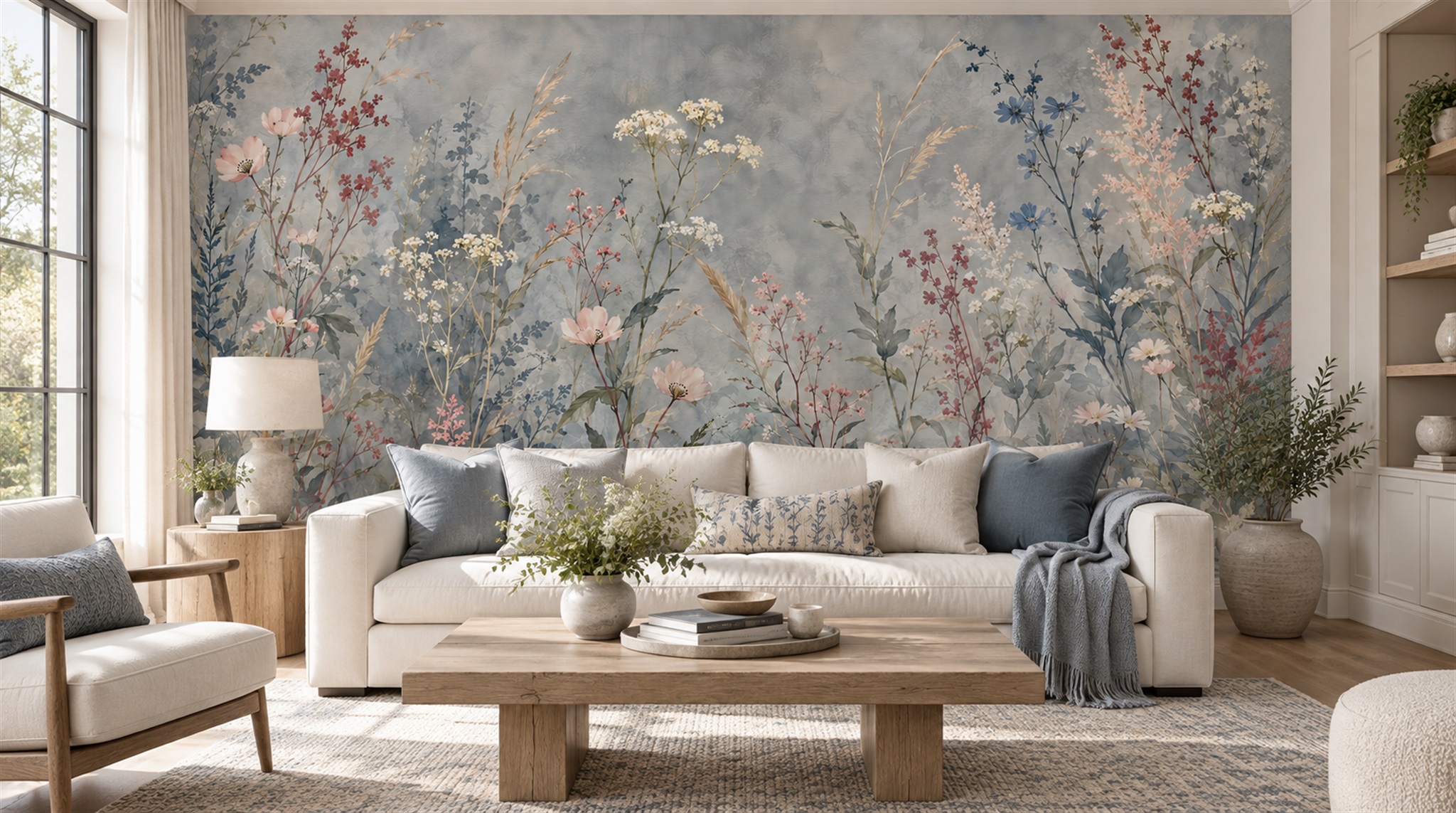 Red And Blue Floral Forms Wallpaper Mural Office-wallpaper-murals, Shown In A Home Office, Peel-and-stick Finish