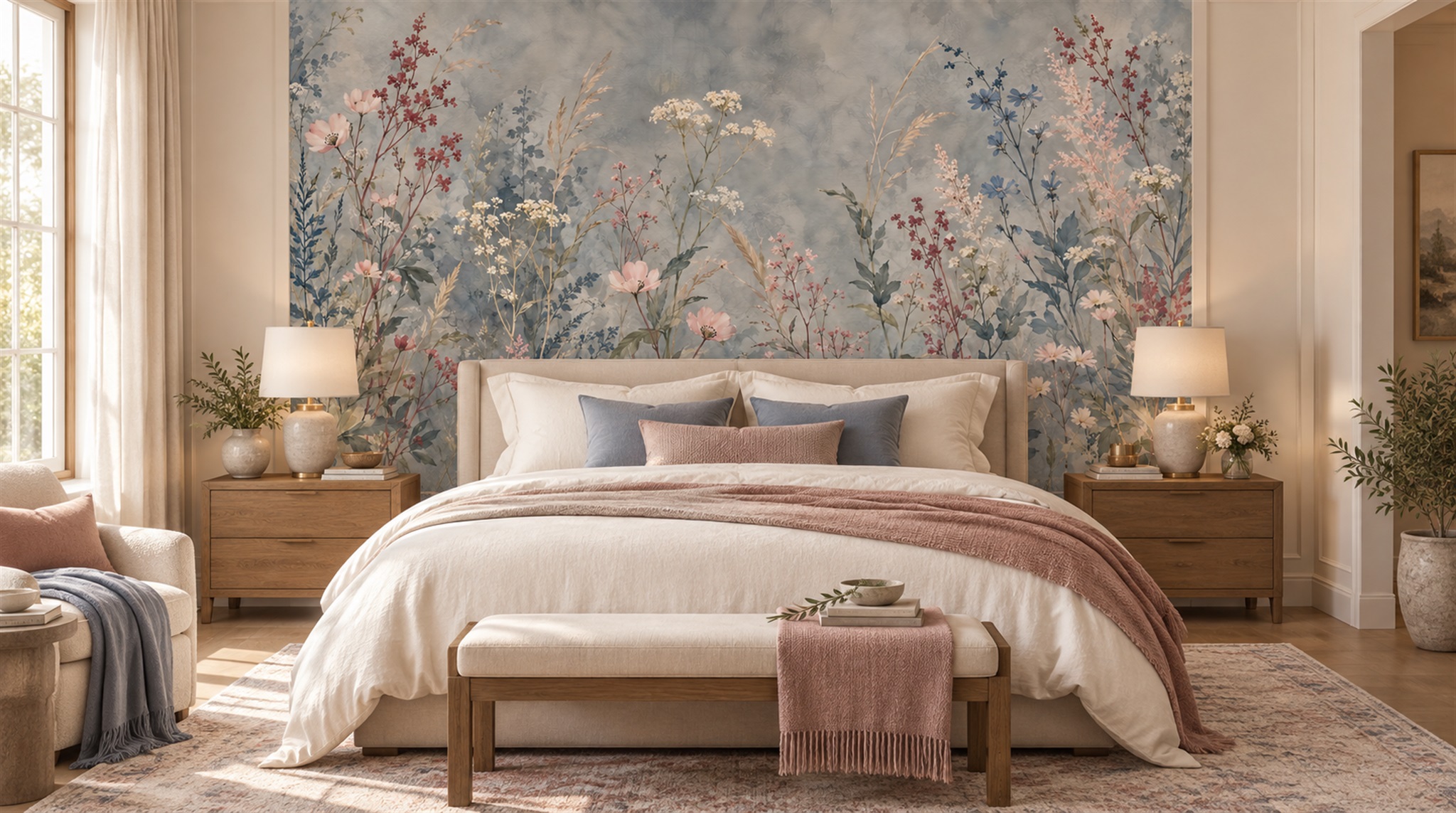Red And Blue Floral Forms Wallpaper Mural Dining-room-wallpaper-murals, Shown In A Dining Room, Peel-and-stick Finish