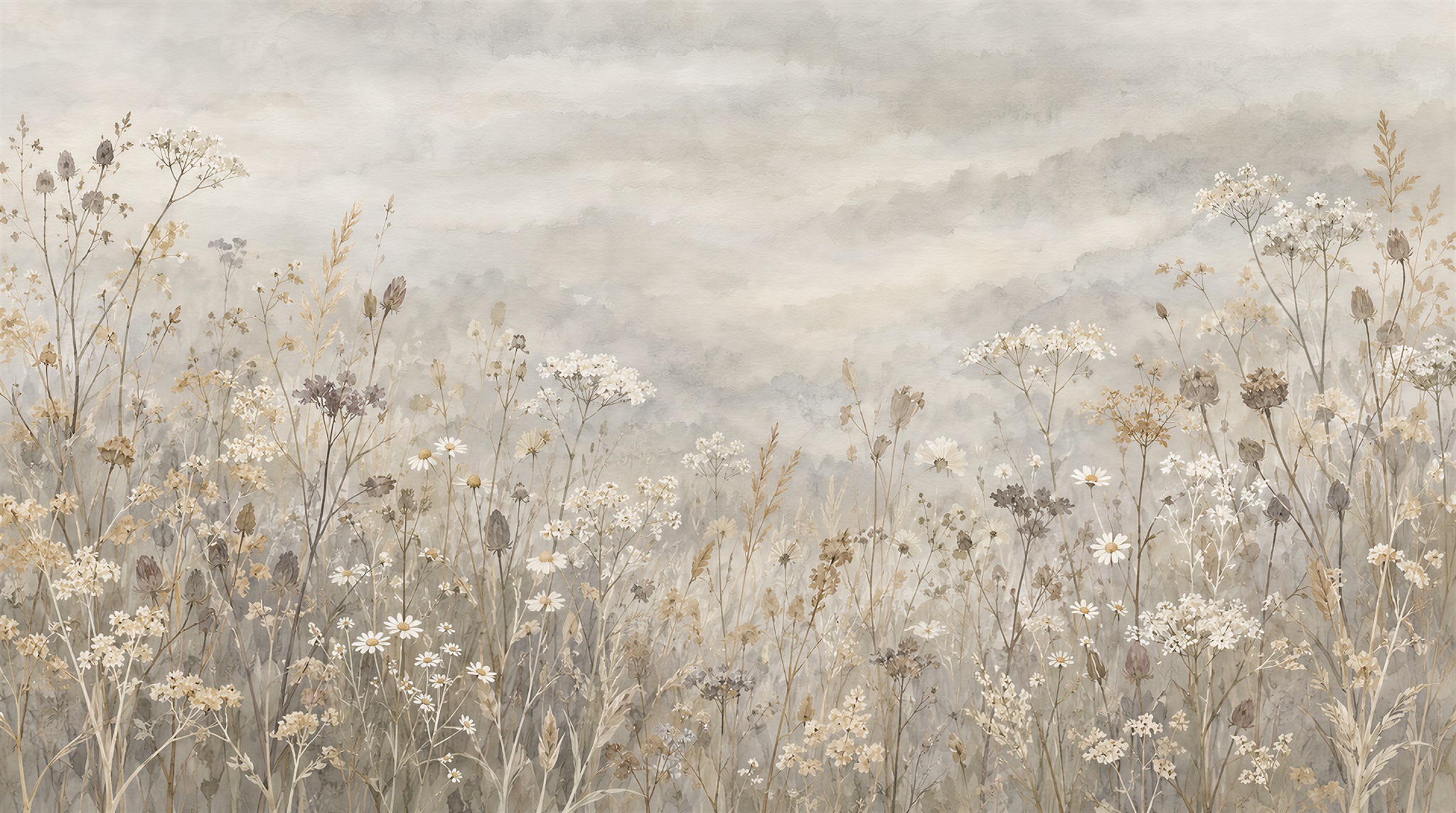 Ivory Misty Wildflower Field Wallpaper Mural — Wallpaper Mural Design, Peel-and-stick Finish