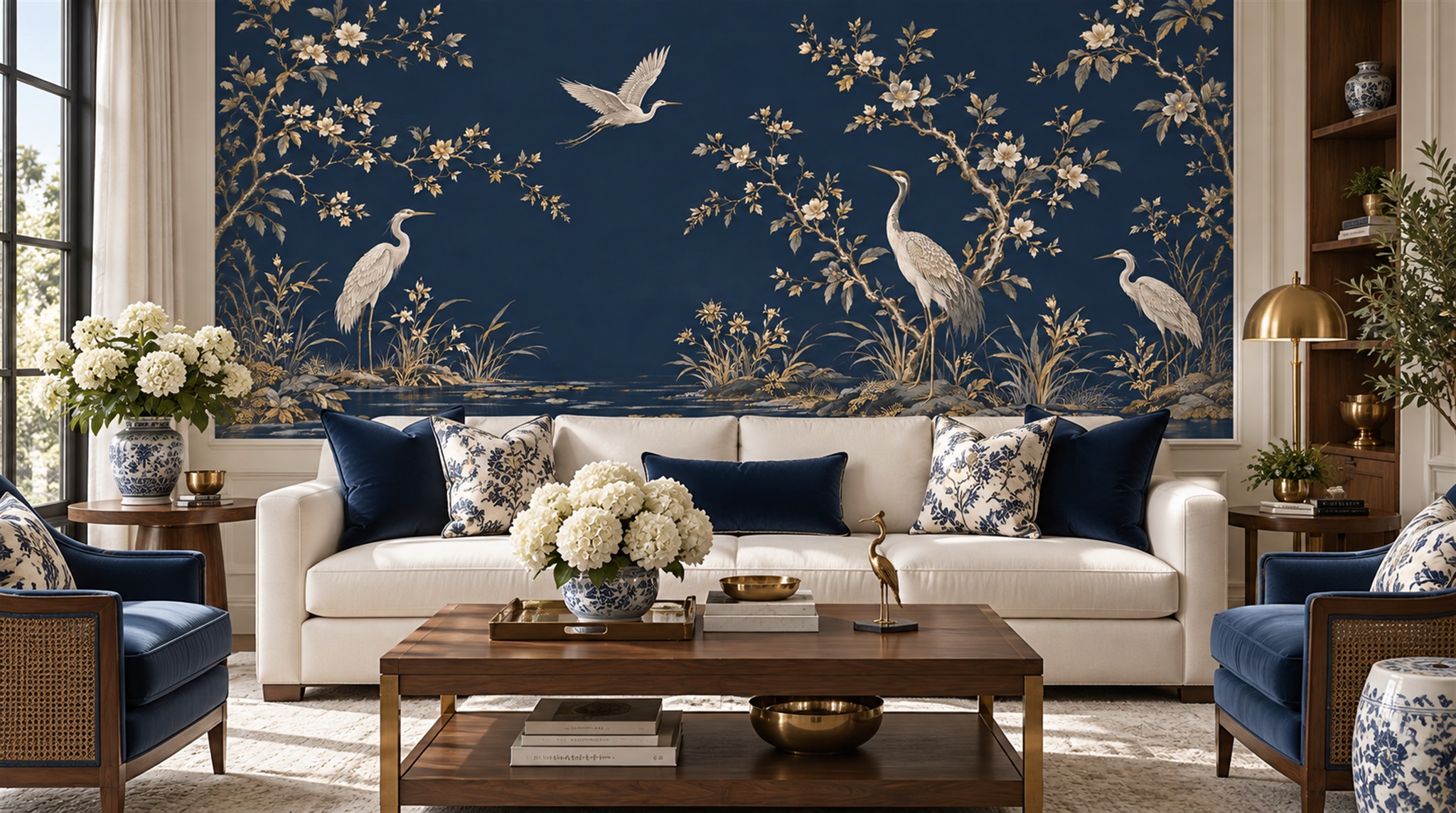 Red And Navy Bird Forms Wallpaper Mural Office-wallpaper-murals, Shown In A Home Office, Peel-and-stick Finish