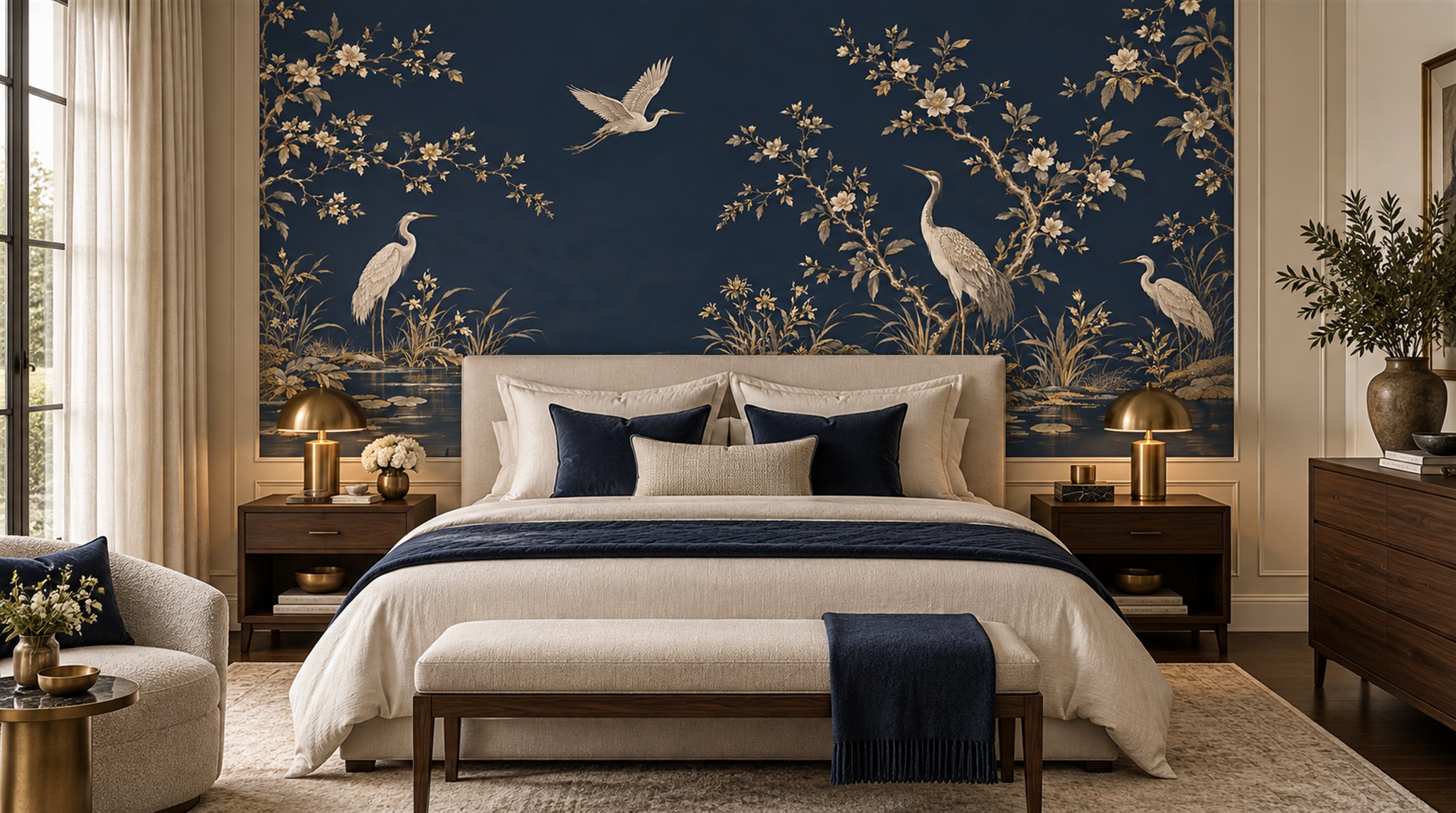 Red And Navy Bird Forms Wallpaper Mural Dining-room-wallpaper-murals, Shown In A Dining Room, Peel-and-stick Finish