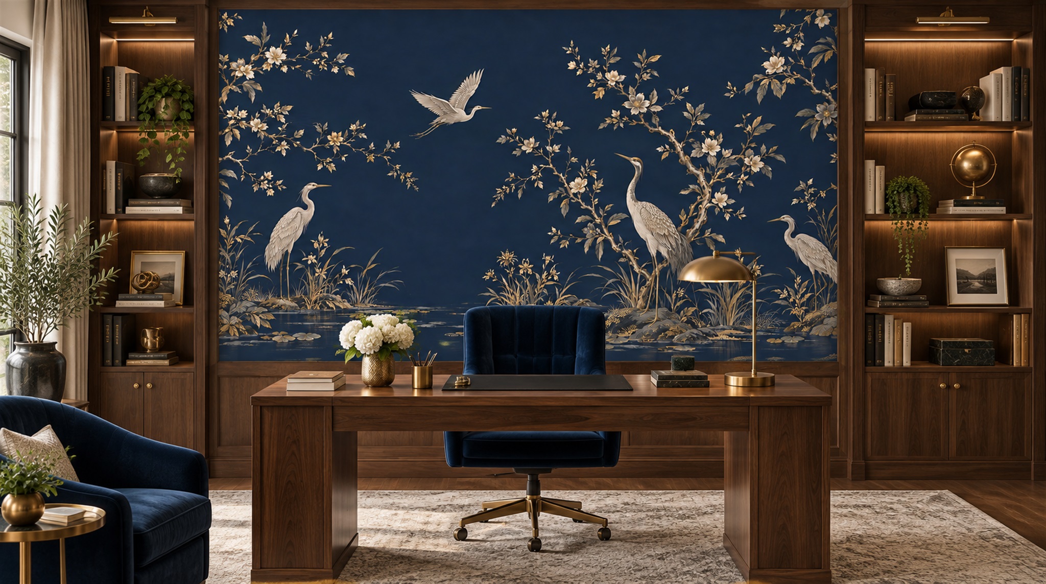 Red And Navy Bird Forms Wallpaper Mural Living-room-wallpaper-murals, Shown In A Living Room, Peel-and-stick Finish