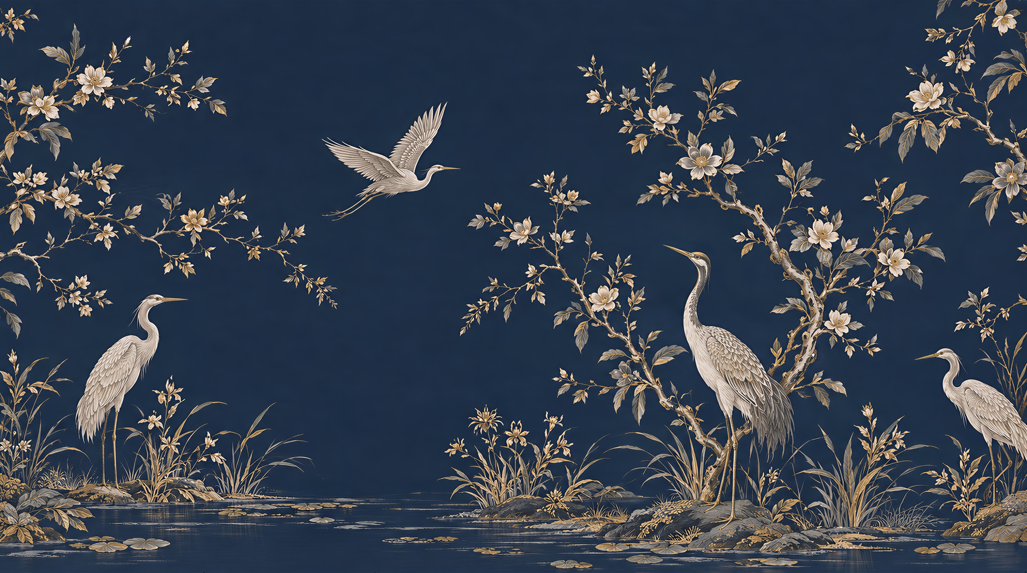 White Cranes And Blossom Branches Wallpaper Mural — Wallpaper Mural Design, Peel-and-stick Finish