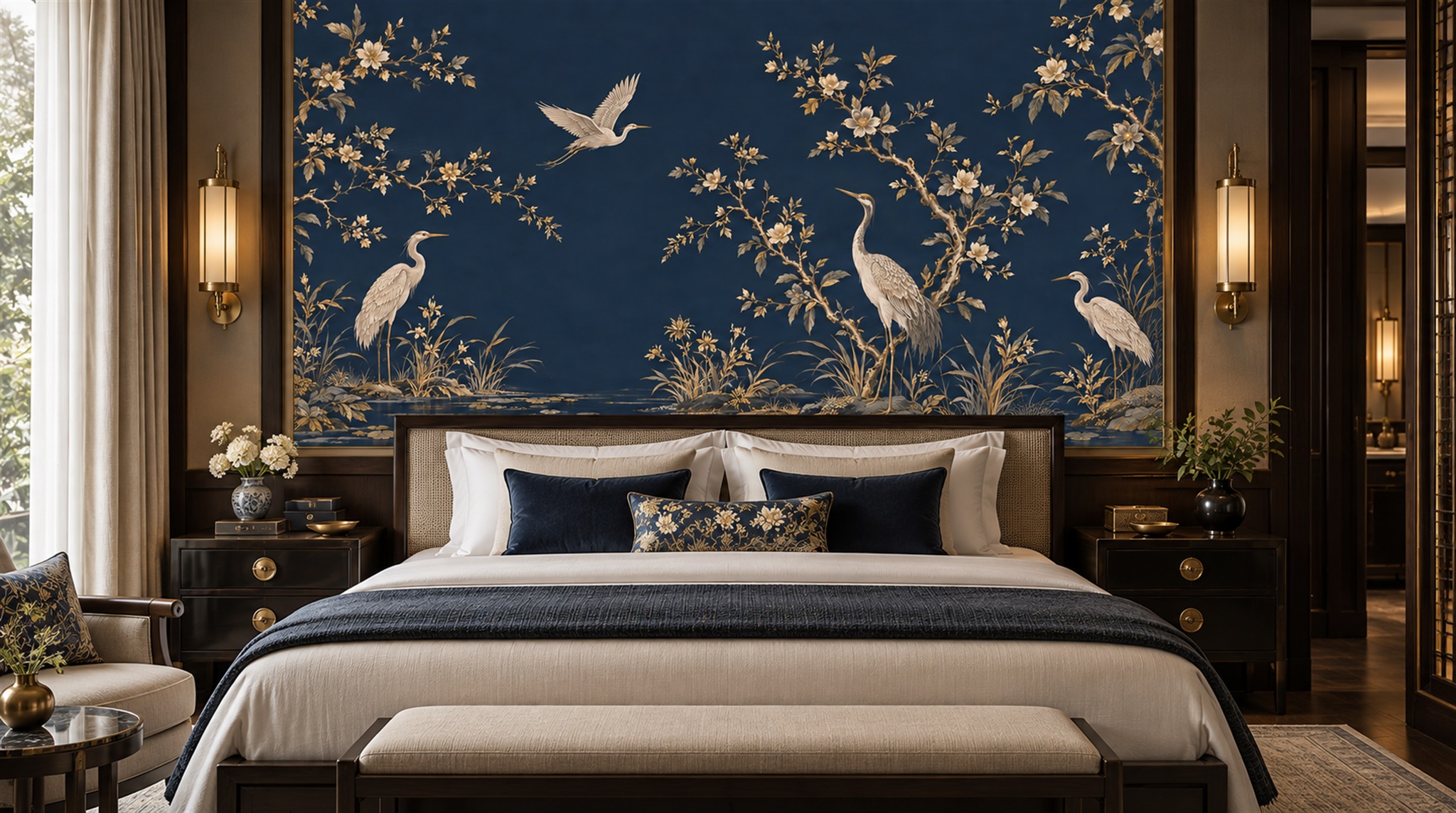 Red And Navy Bird Forms Wallpaper Mural Accent-wall-wallpaper-murals, Peel-and-stick Finish