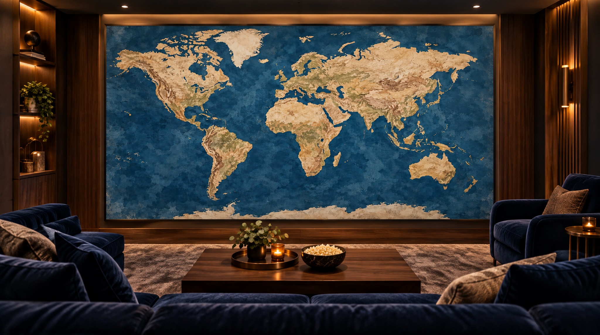 Red And Navy Decorative Patterning Map Wallpaper Mural Living-room-wallpaper-murals, Shown In A Living Room, Peel-and-stick Finish