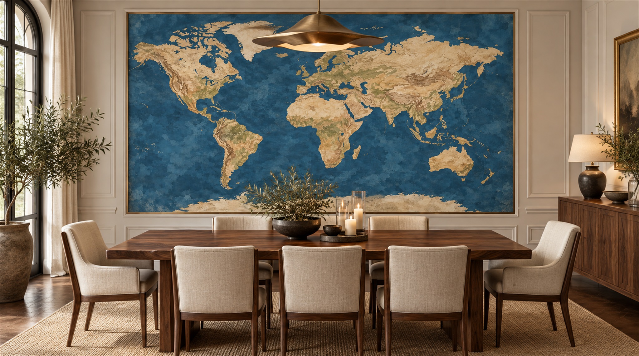 Red And Navy Decorative Patterning Map Wallpaper Mural Office-wallpaper-murals, Shown In A Home Office, Peel-and-stick Finish