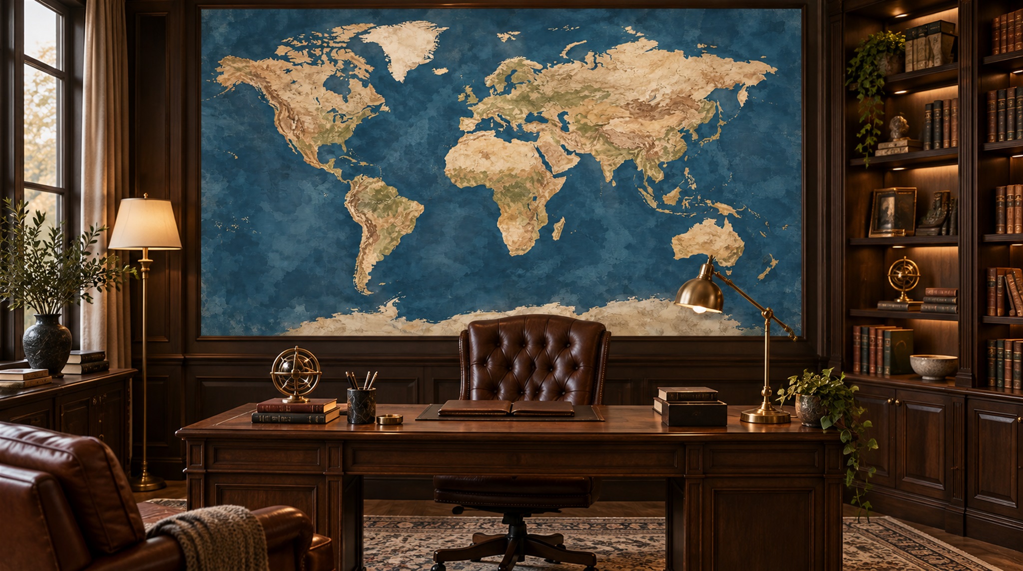 Red And Navy Decorative Patterning Map Wallpaper Mural Dining-room-wallpaper-murals, Shown In A Dining Room, Peel-and-stick Finish