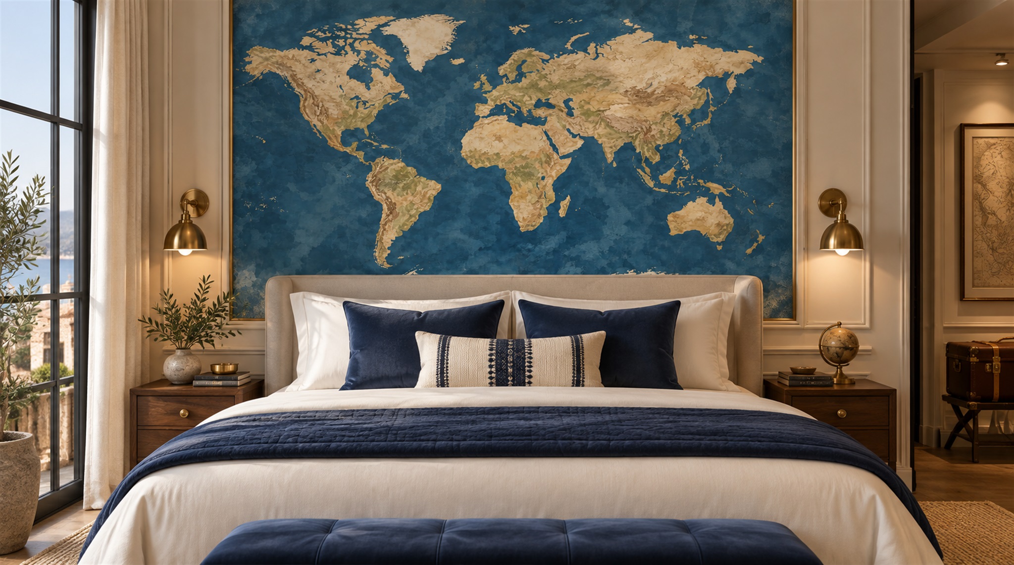 Red And Navy Decorative Patterning Map Wallpaper Mural Accent-wall-wallpaper-murals, Peel-and-stick Finish