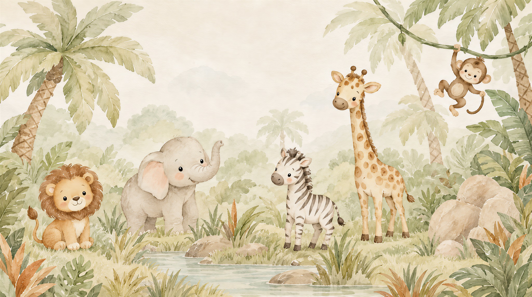 Pastel Safari Animals And Tropical Leaves Wallpaper Mural — Wallpaper Mural Design, Peel-and-stick Finish