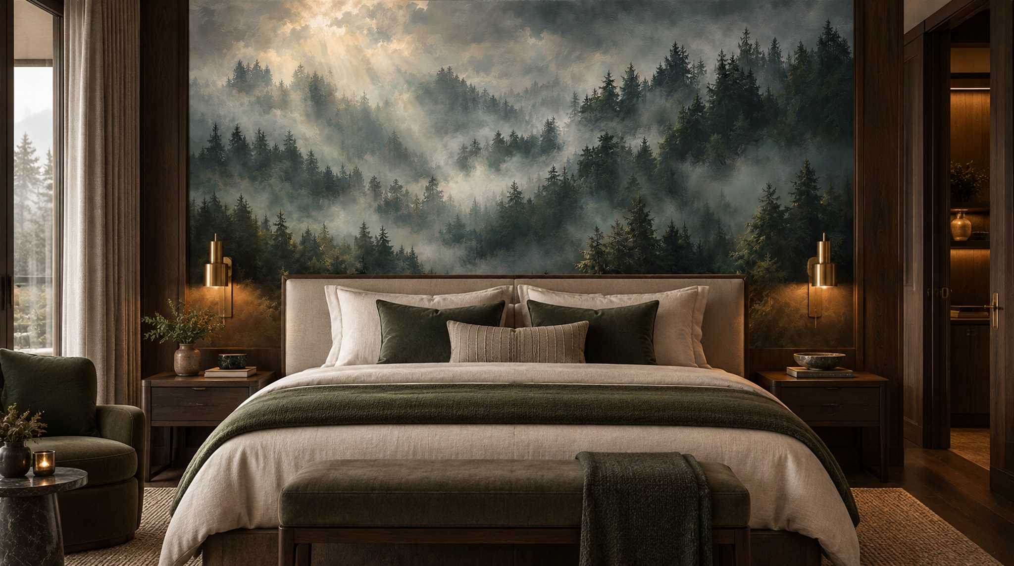 Grey And Red Woodland Trees Wallpaper Mural, Peel-and-stick Finish