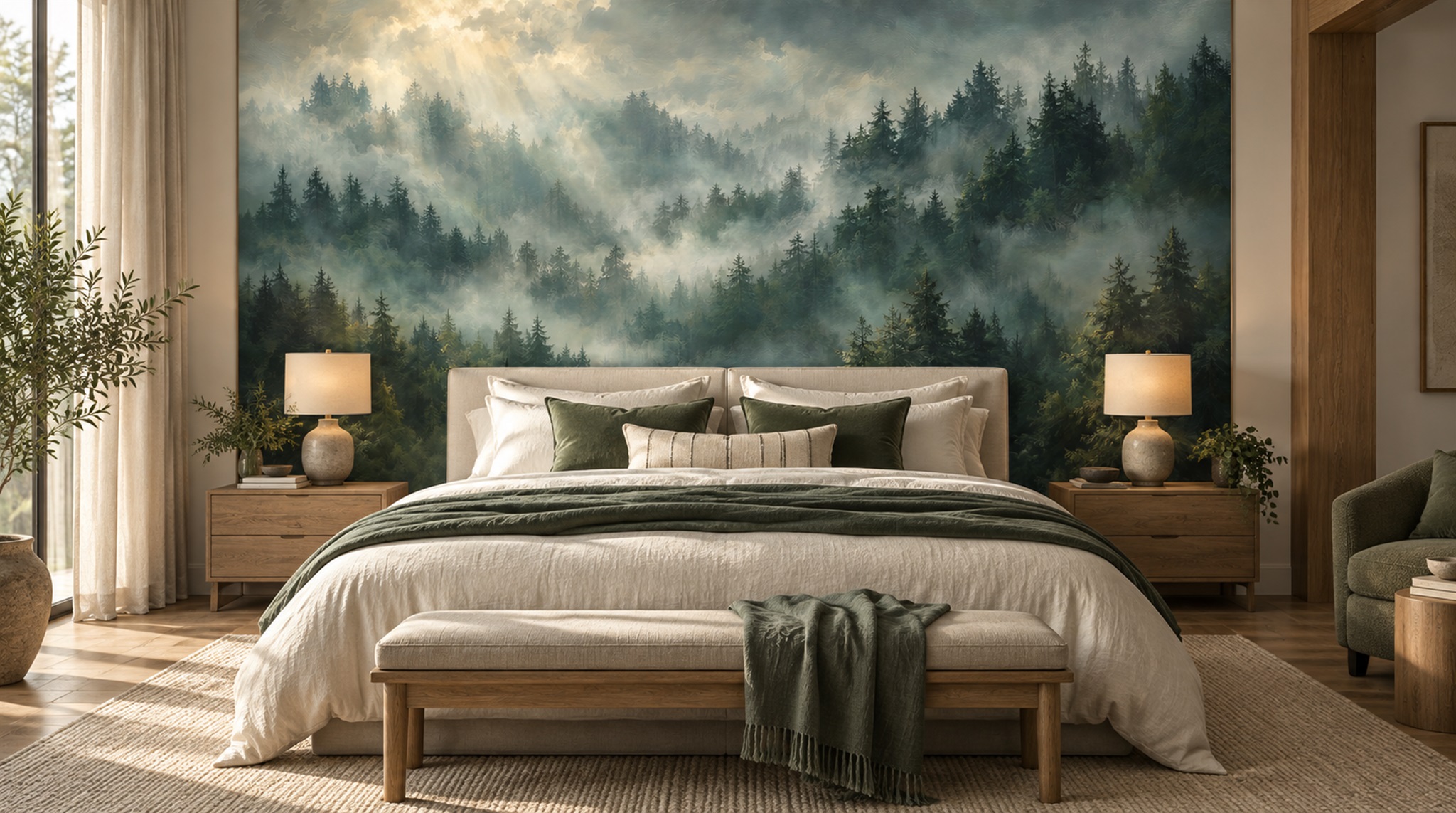 Grey And Red Woodland Trees Wallpaper Mural Dining-room-wallpaper-murals, Shown In A Dining Room, Peel-and-stick Finish