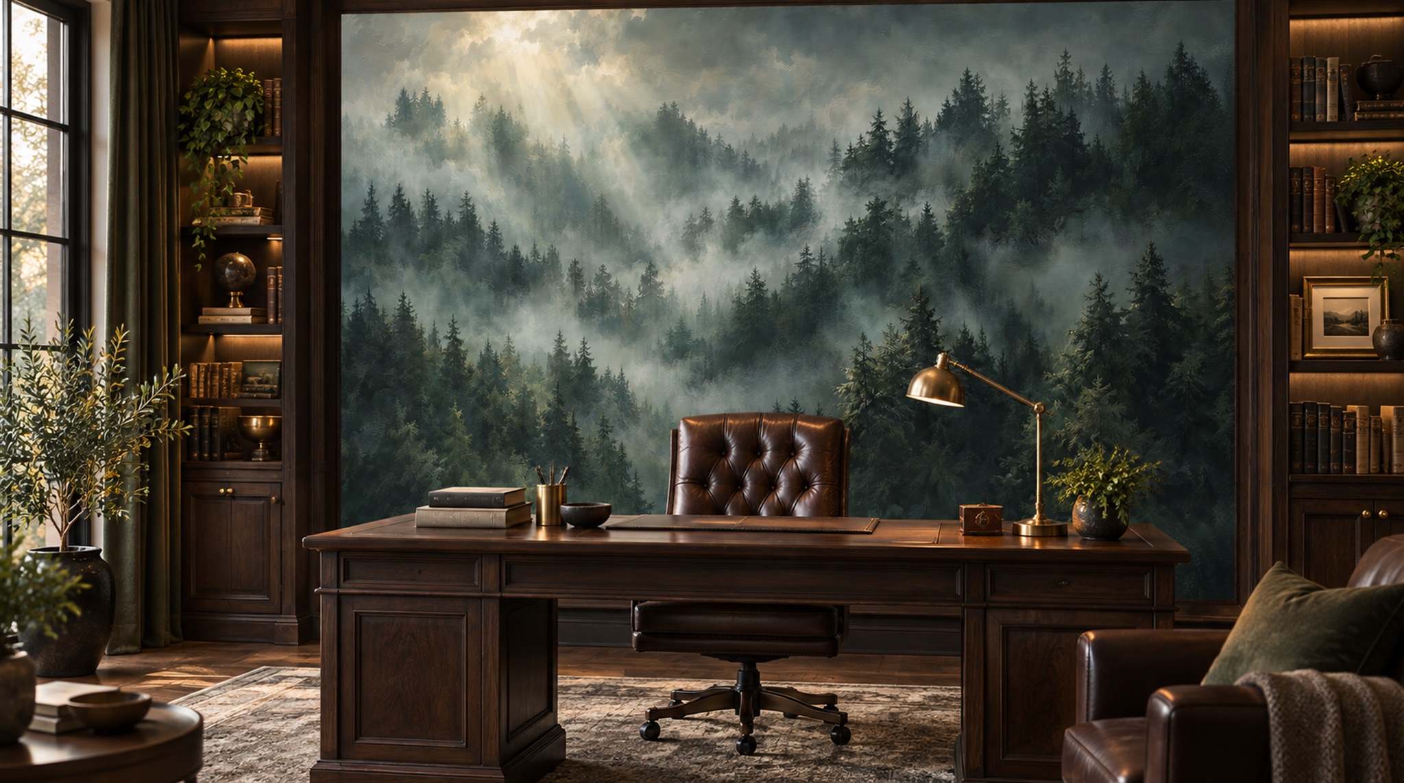 Grey And Red Woodland Trees Wallpaper Mural Living-room-wallpaper-murals, Shown In A Living Room, Peel-and-stick Finish