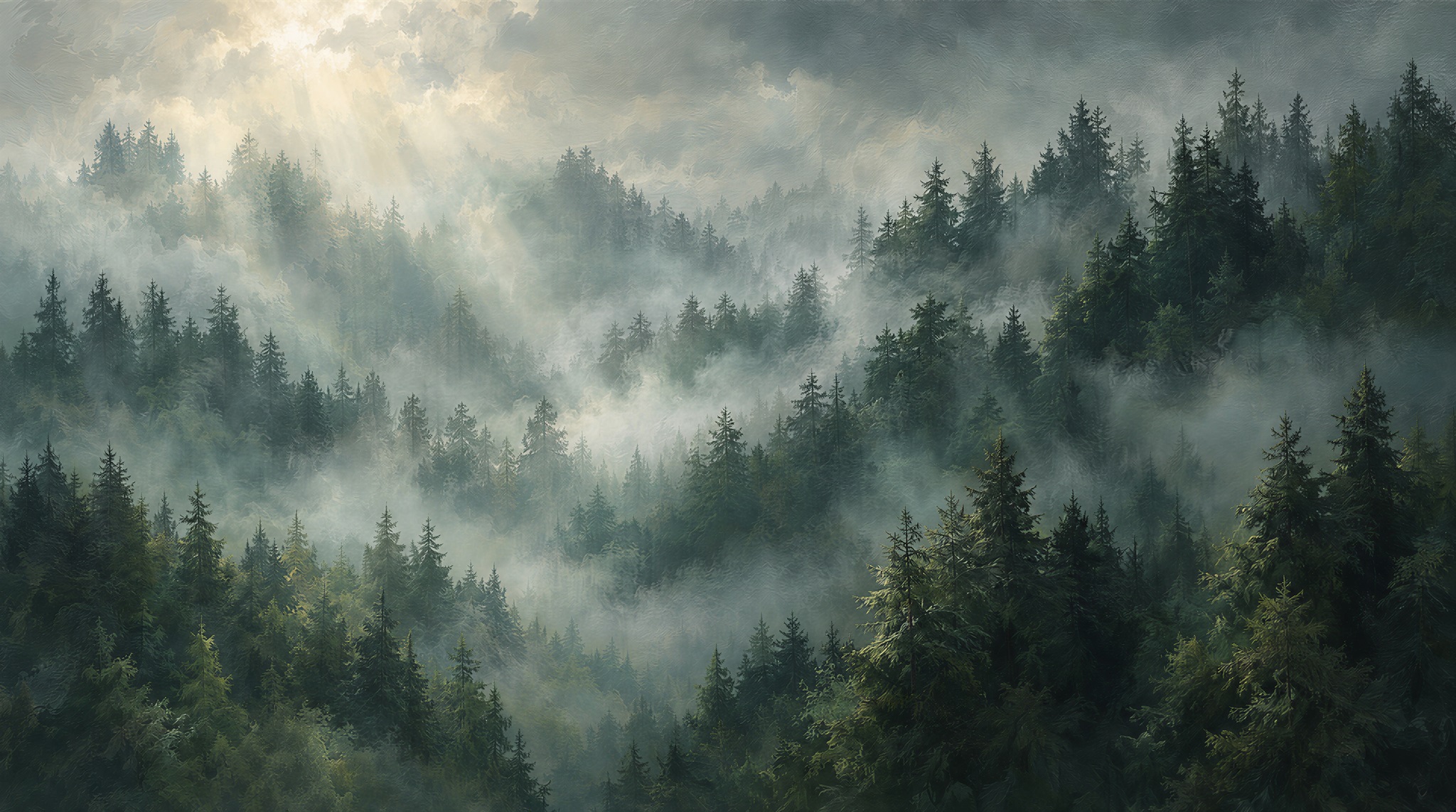 Misty Evergreen Forest Wallpaper Mural — Wallpaper Mural Design, Peel-and-stick Finish