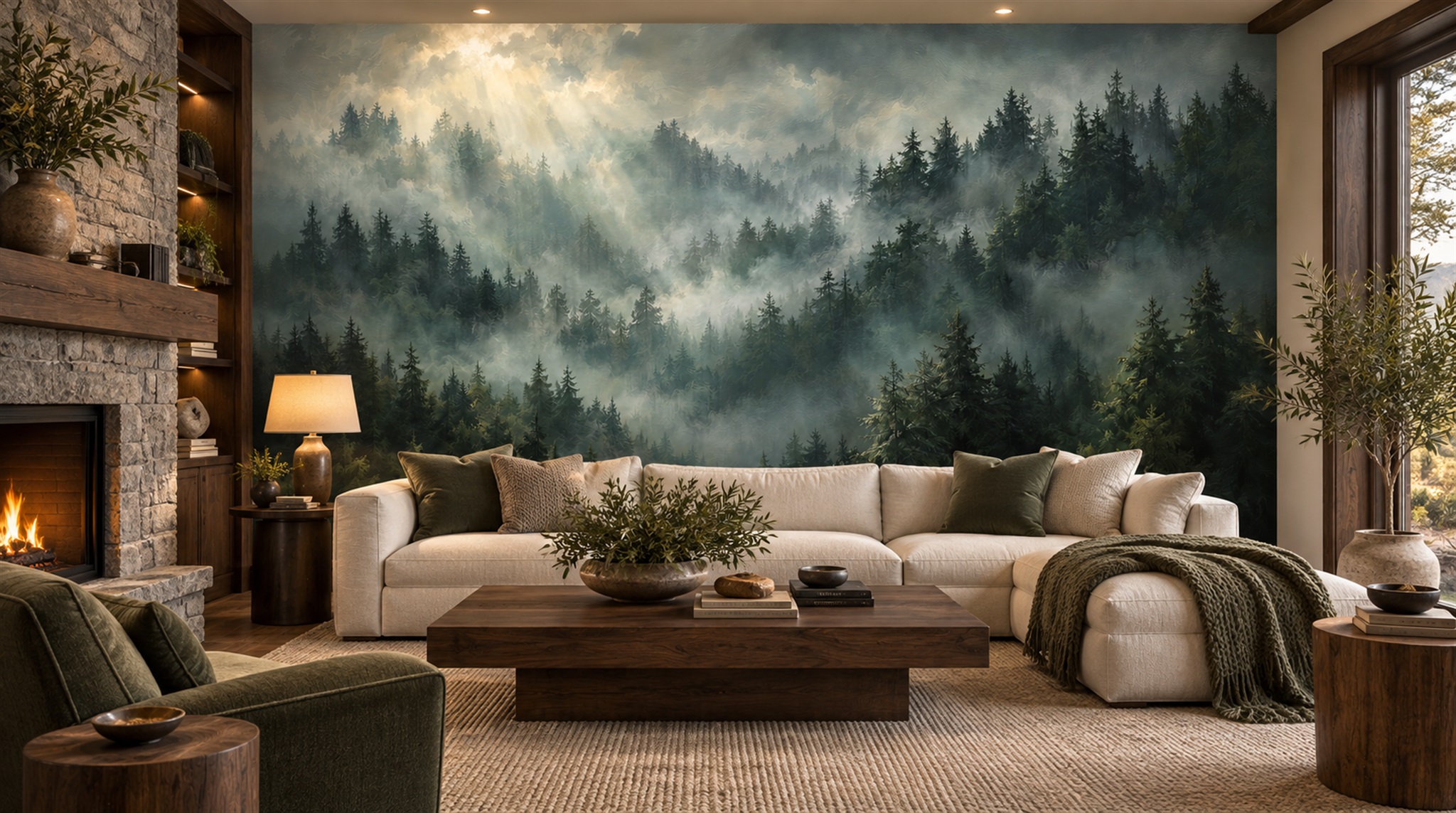Grey And Red Woodland Trees Wallpaper Mural Office-wallpaper-murals, Shown In A Home Office, Peel-and-stick Finish