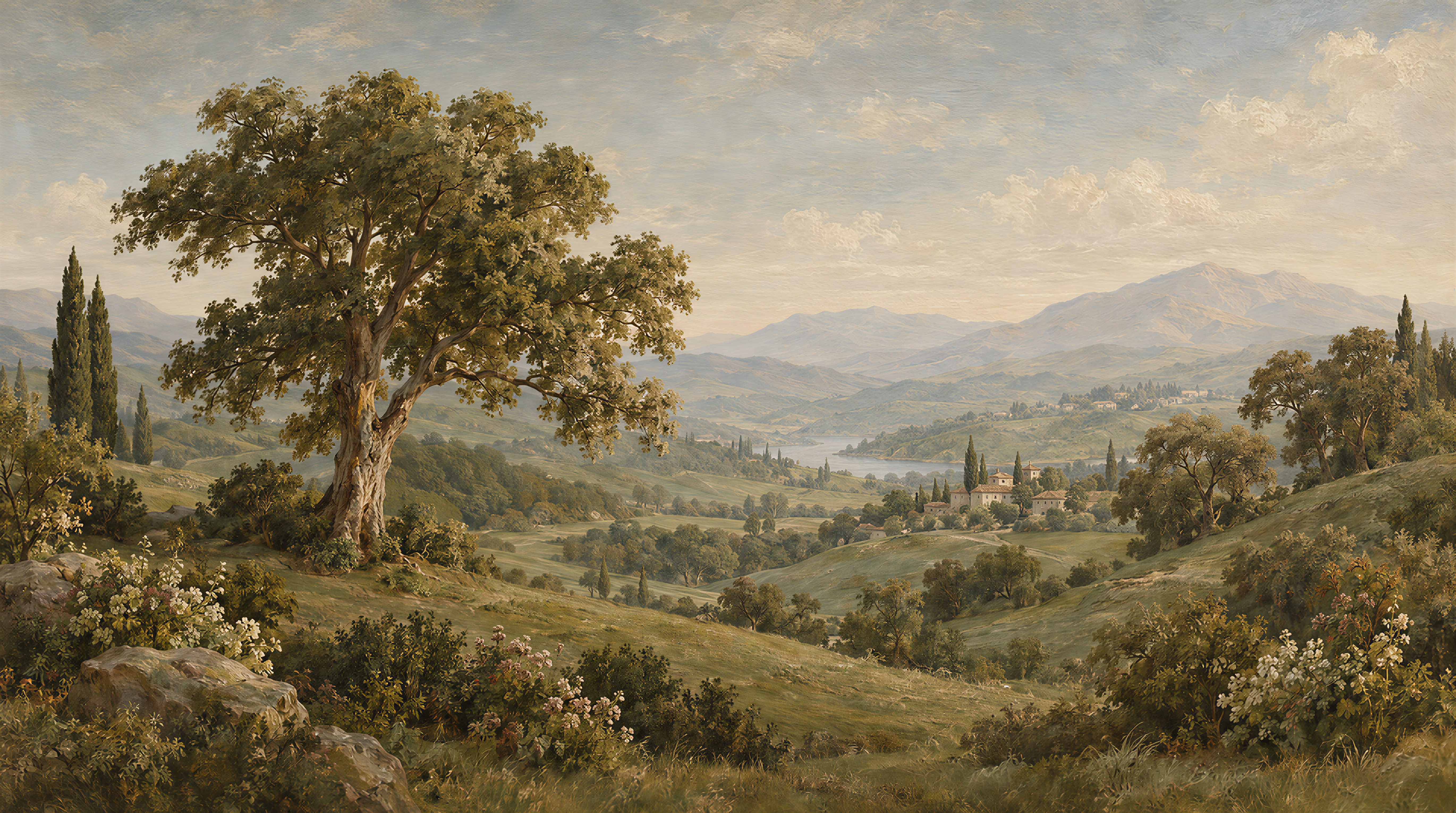 Red And Olive A Painterly Scenic View Decorative Wallpaper, Peel-and-stick Finish