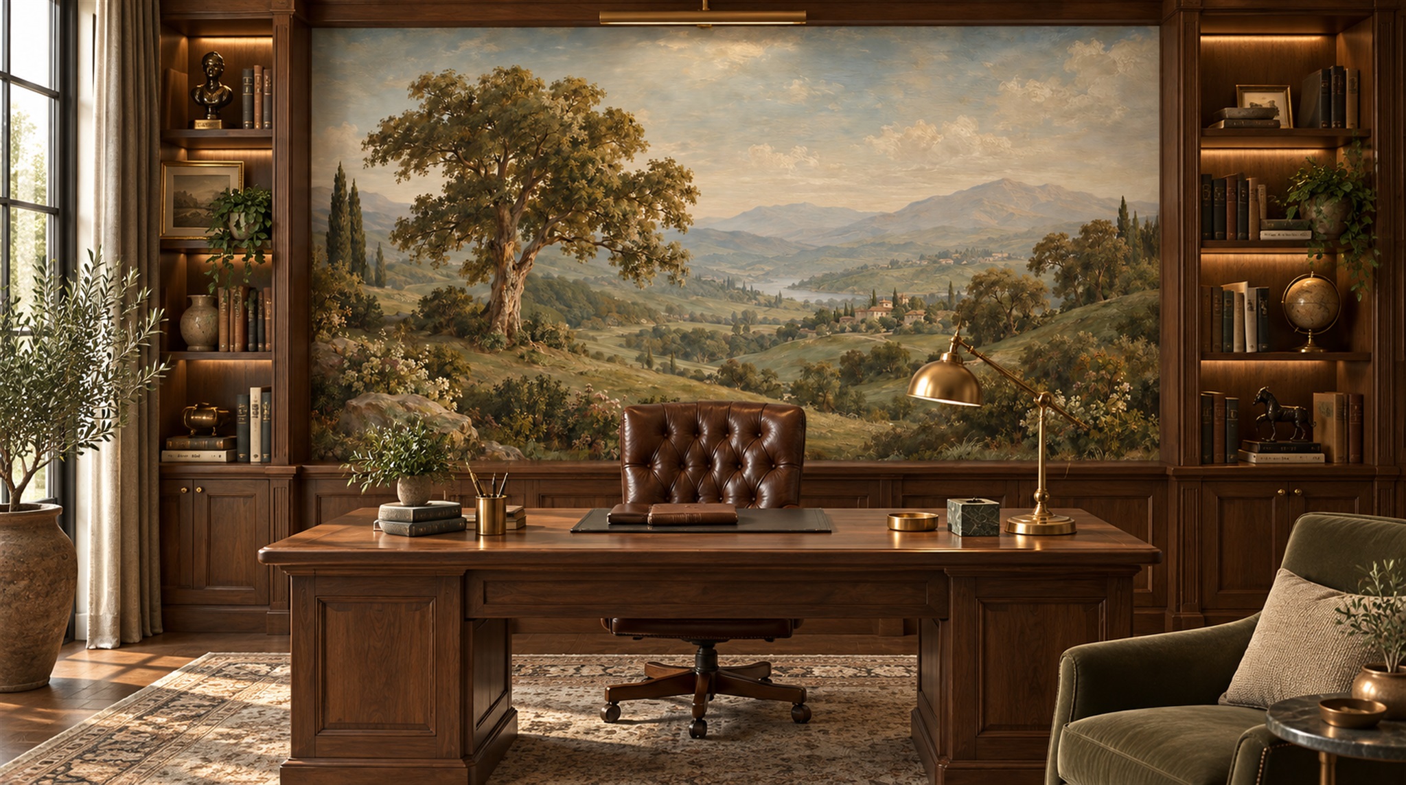 Red And Olive A Painterly Scenic View Decorative Wallpaper Living-room-wallpaper-murals, Shown In A Living Room, Peel-and-stick Finish