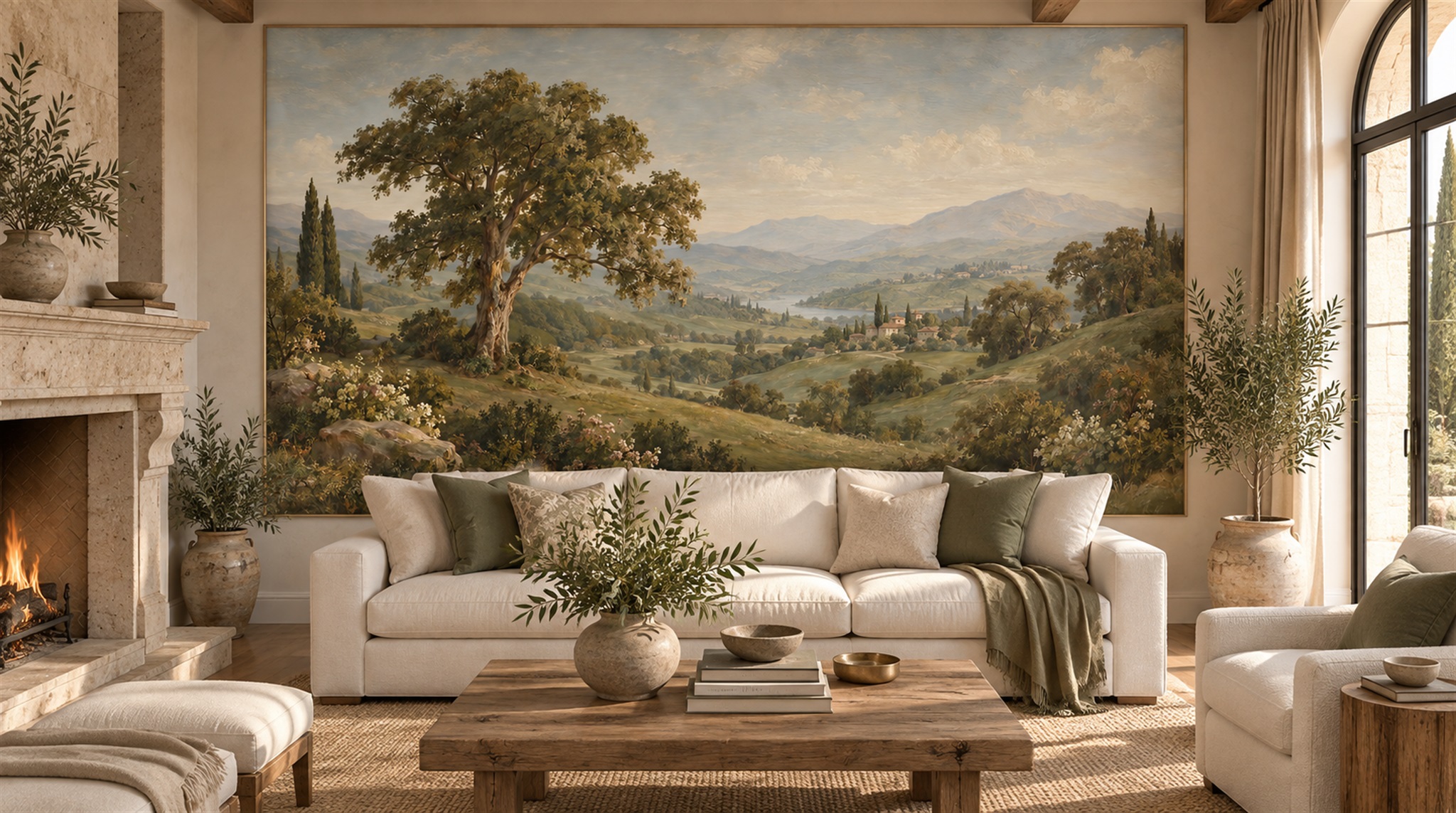 Red And Olive A Painterly Scenic View Decorative Wallpaper Office-wallpaper-murals, Shown In A Home Office, Peel-and-stick Finish