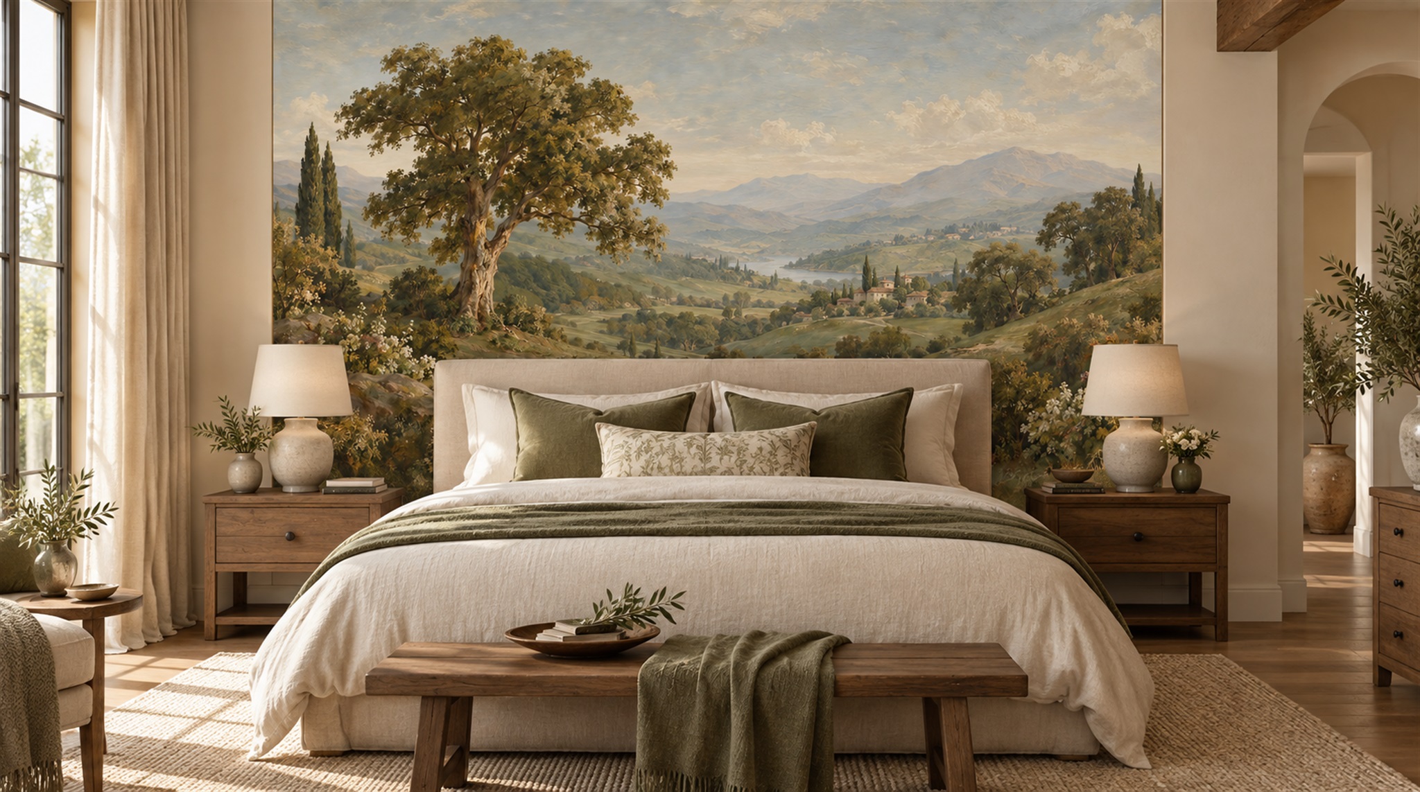 Red And Olive A Painterly Scenic View Decorative Wallpaper Dining-room-wallpaper-murals, Shown In A Dining Room, Peel-and-stick Finish