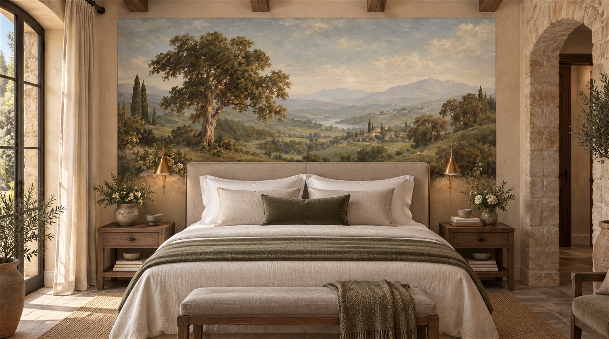 Red And Olive A Painterly Scenic View Decorative Wallpaper Accent-wall-wallpaper-murals, Peel-and-stick Finish