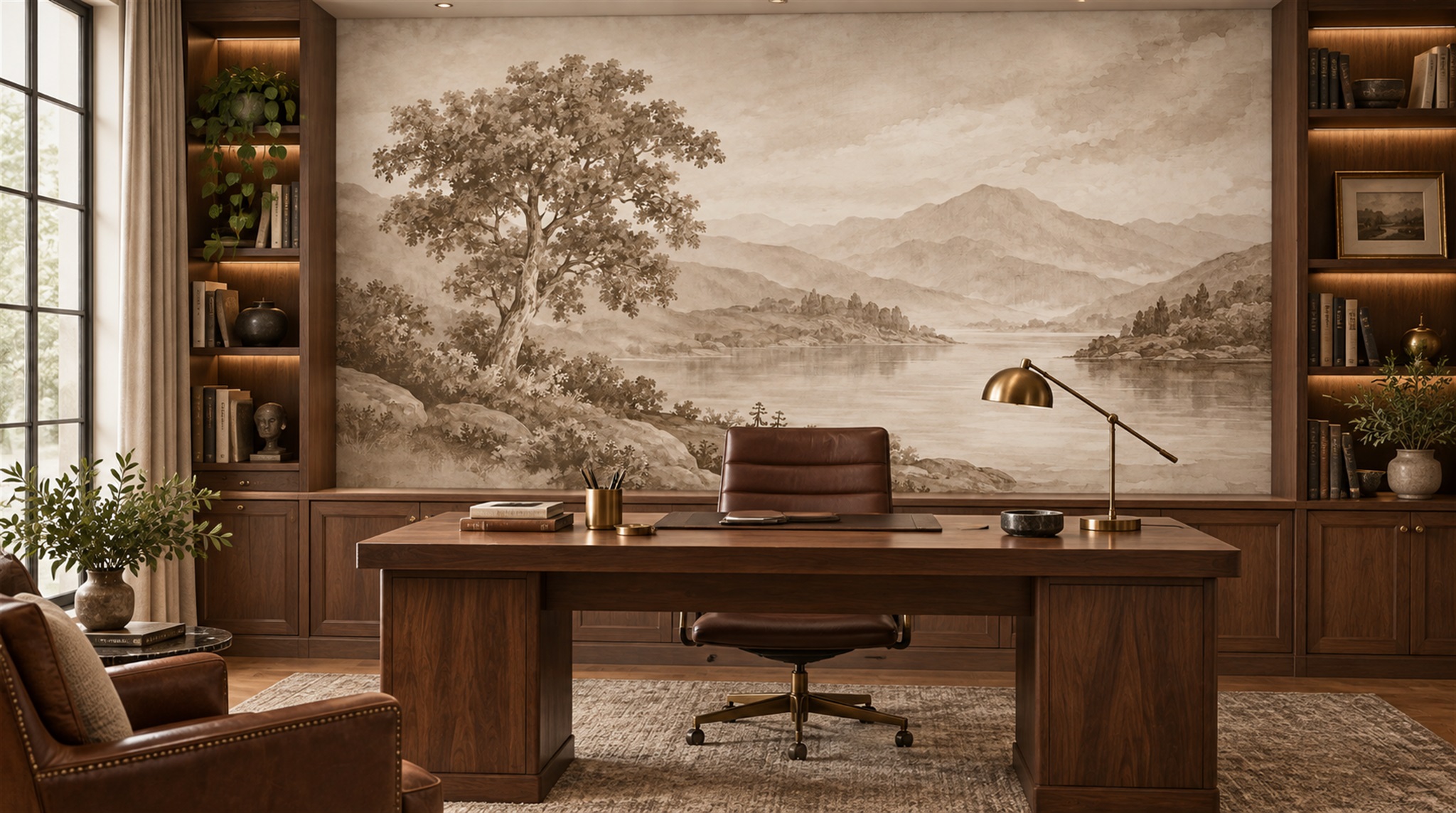 Ivory And Red A Painterly Scenic View Wallpaper Mural Living-room-wallpaper-murals, Shown In A Living Room, Peel-and-stick Finish