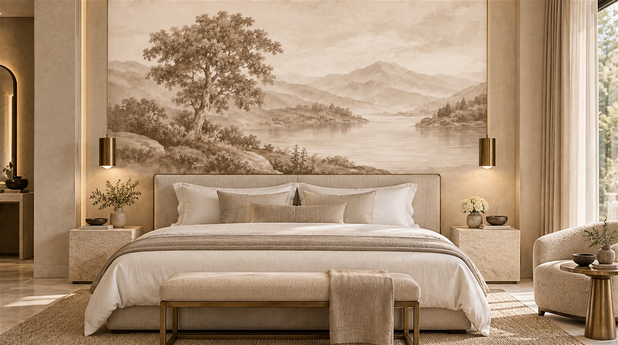 Ivory And Red A Painterly Scenic View Wallpaper Mural Accent-wall-wallpaper-murals, Peel-and-stick Finish