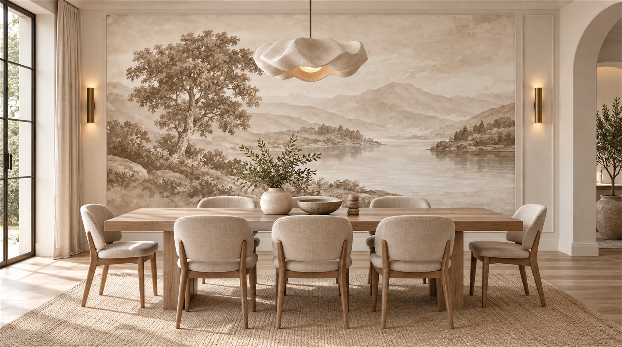 Ivory And Red A Painterly Scenic View Wallpaper Mural Bedroom-wallpaper-murals, Peel-and-stick Finish