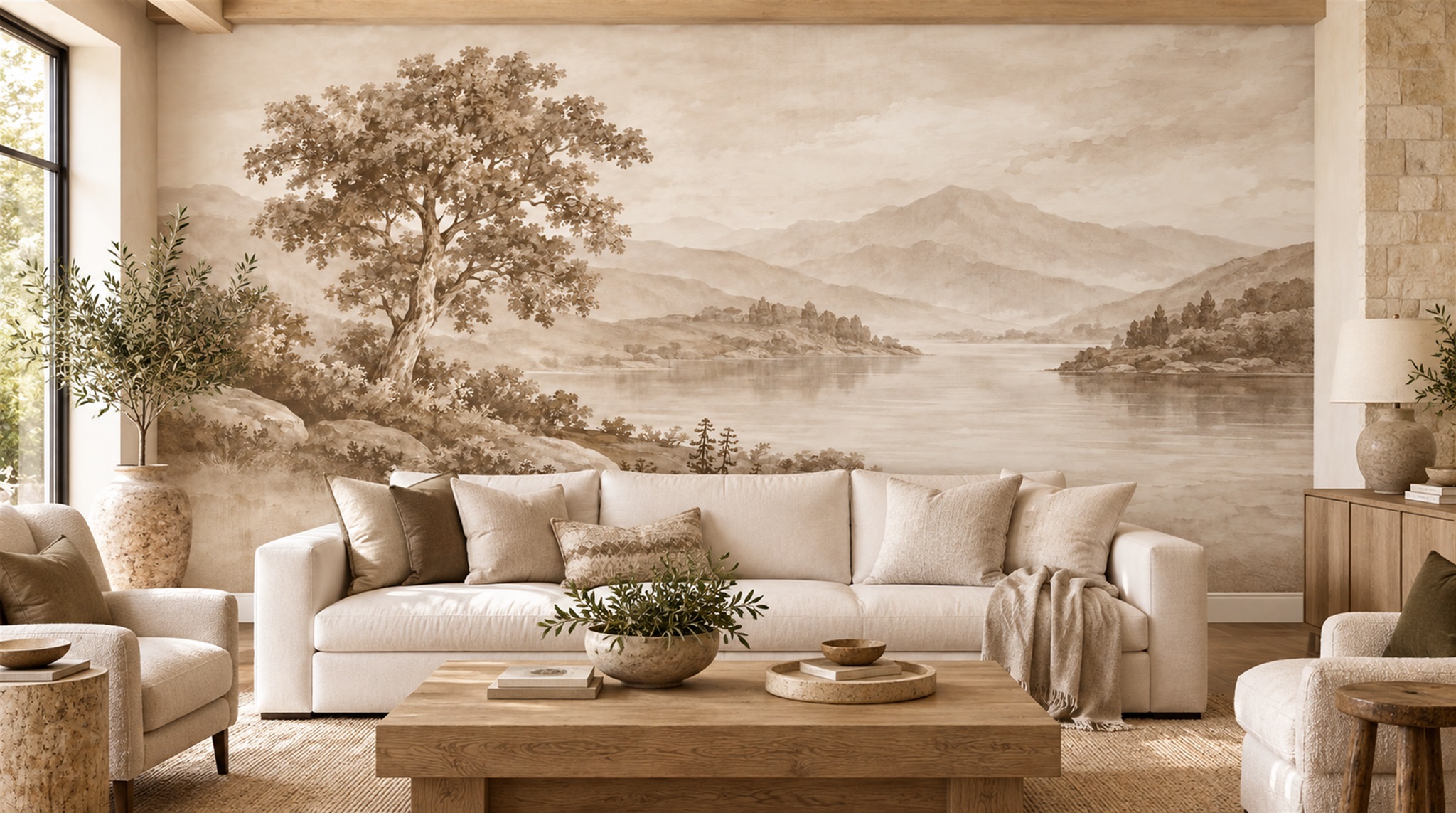Ivory And Red A Painterly Scenic View Wallpaper Mural Office-wallpaper-murals, Shown In A Home Office, Peel-and-stick Finish