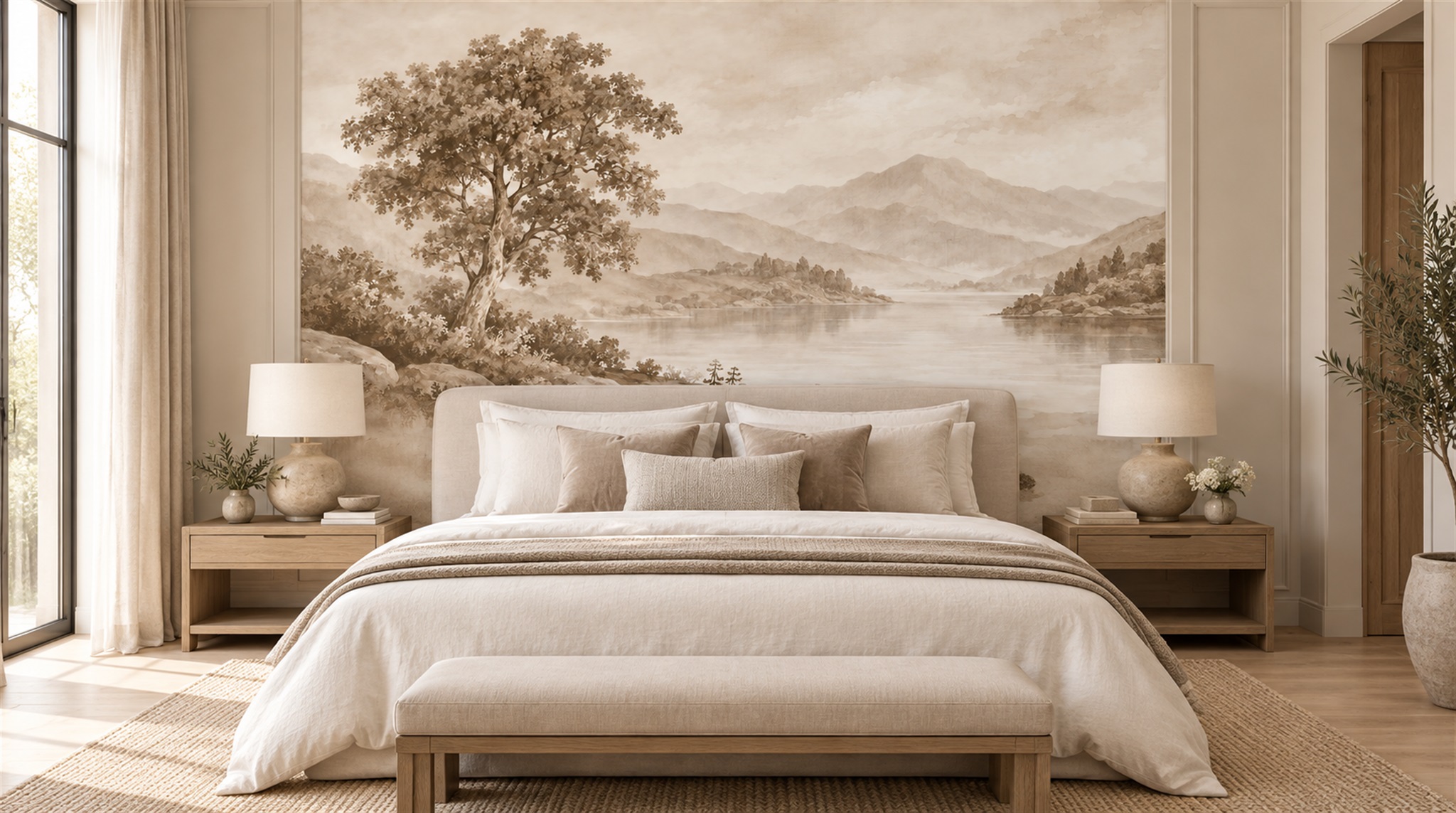 Ivory And Red A Painterly Scenic View Wallpaper Mural Accent-wall-wallpaper-murals, Peel-and-stick Finish