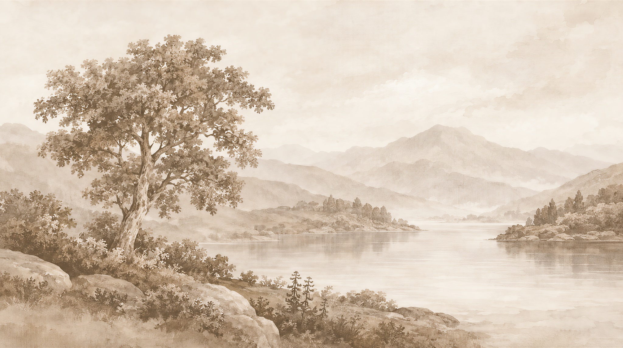 Ivory And Red A Painterly Scenic View Wallpaper Mural Accent-wall-wallpaper-murals, Peel-and-stick Finish