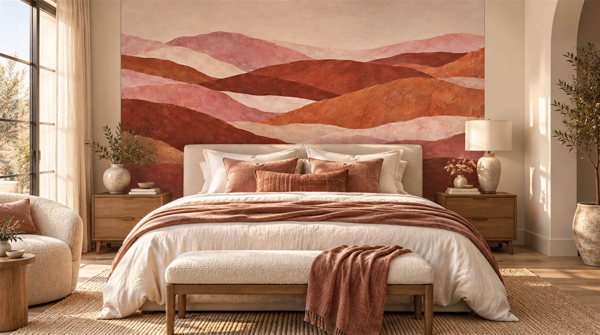 Red And Neutral Decorative Patterning Organic Wallpaper Mural Dining-room-wallpaper-murals, Shown In A Dining Room, Peel-and-stick Finish