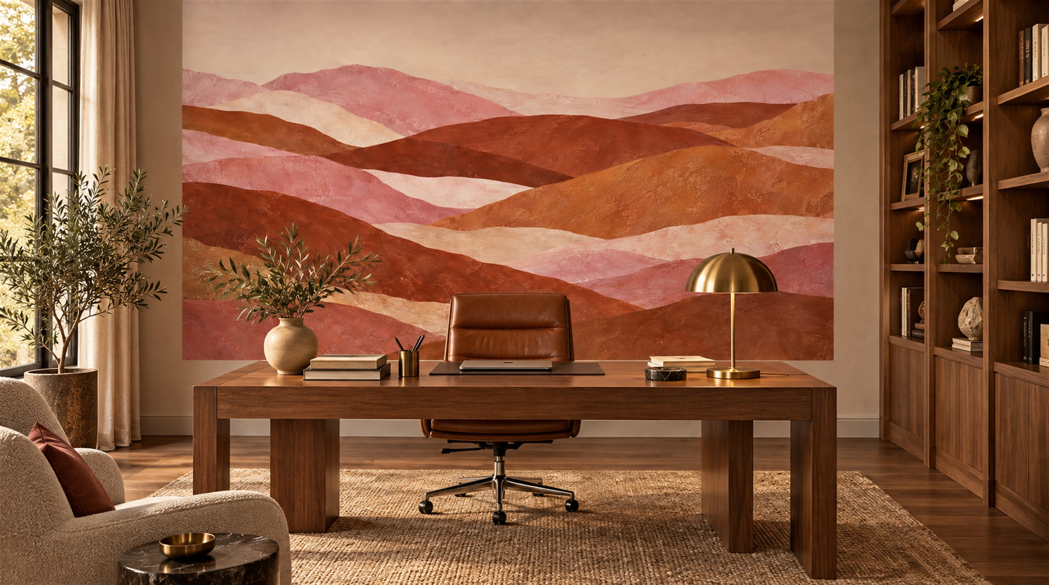Red And Neutral Decorative Patterning Organic Wallpaper Mural Living-room-wallpaper-murals, Shown In A Living Room, Peel-and-stick Finish
