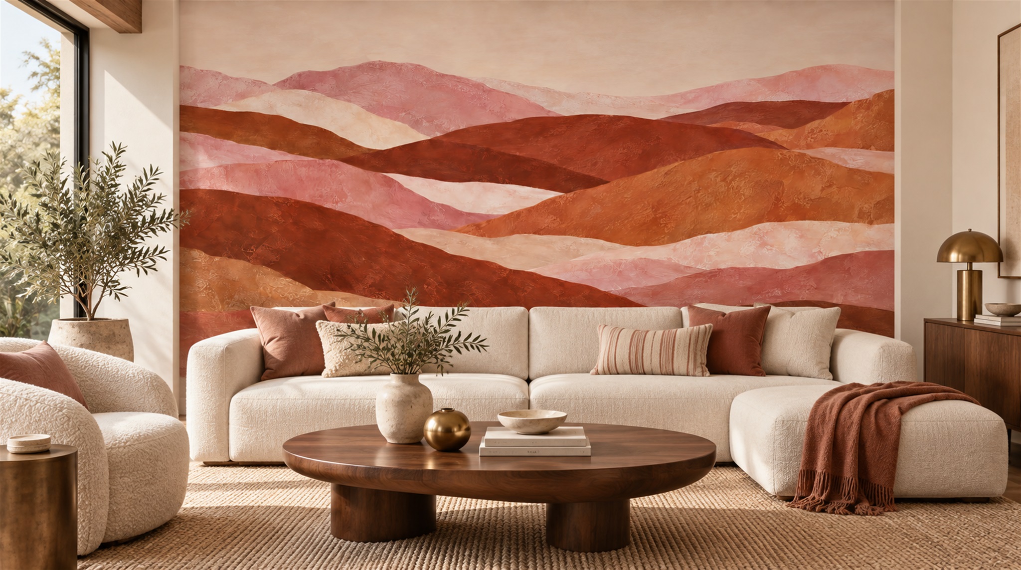 Red And Neutral Decorative Patterning Organic Wallpaper Mural Office-wallpaper-murals, Shown In A Home Office, Peel-and-stick Finish
