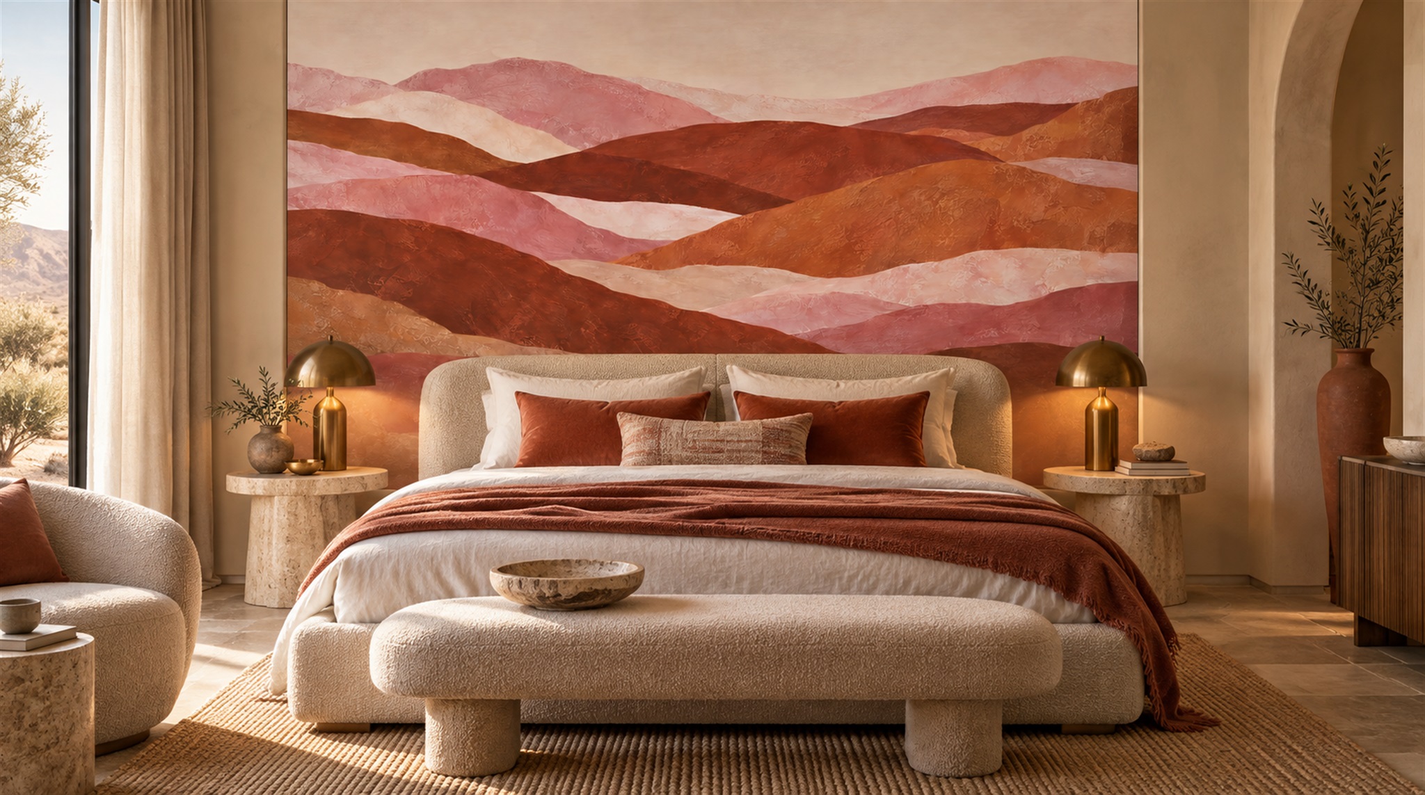 Red And Neutral Decorative Patterning Organic Wallpaper Mural Accent-wall-wallpaper-murals, Peel-and-stick Finish