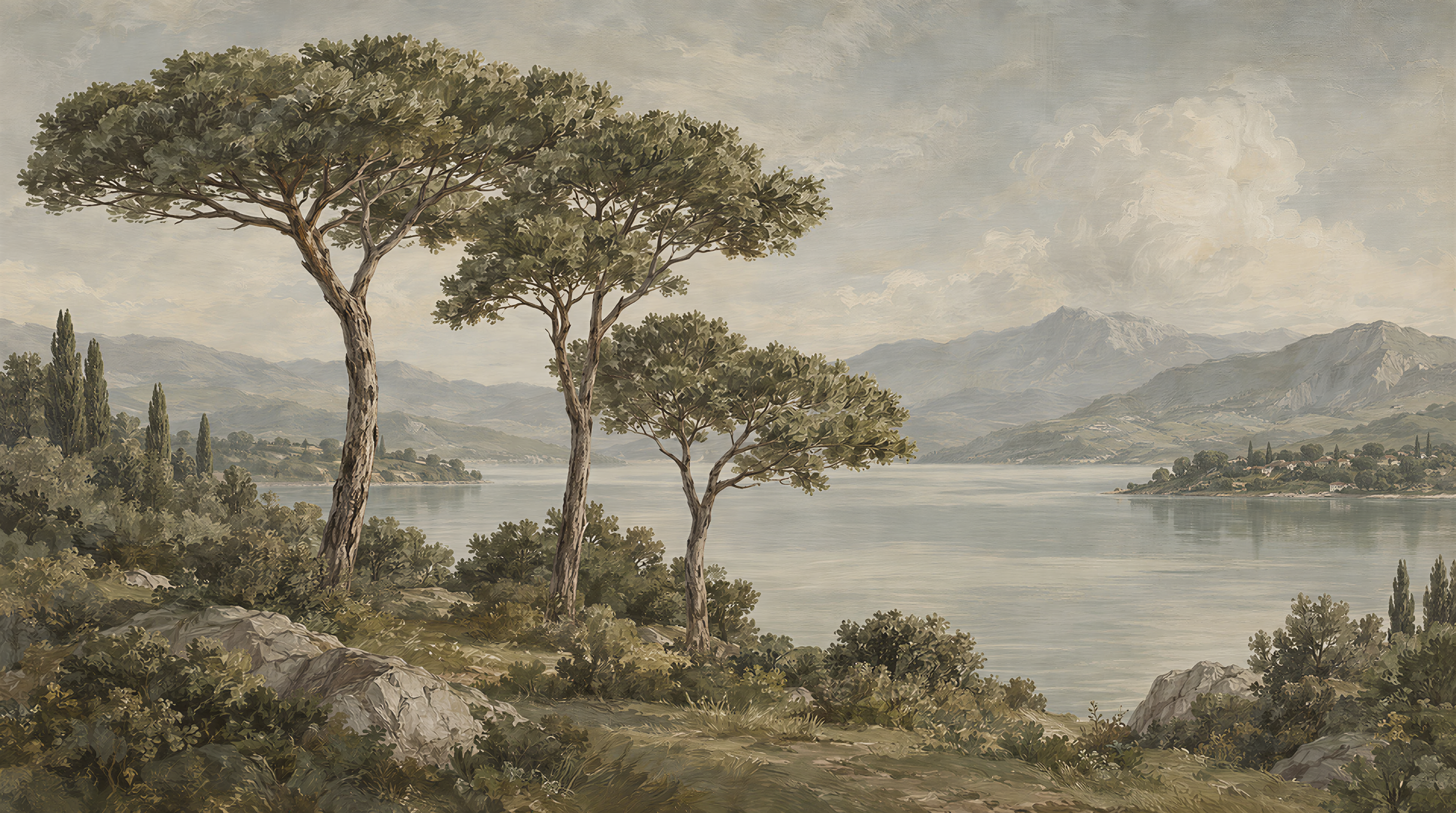 Red And Sage Green A Painterly Scenic Decorative Wallpaper, Peel-and-stick Finish