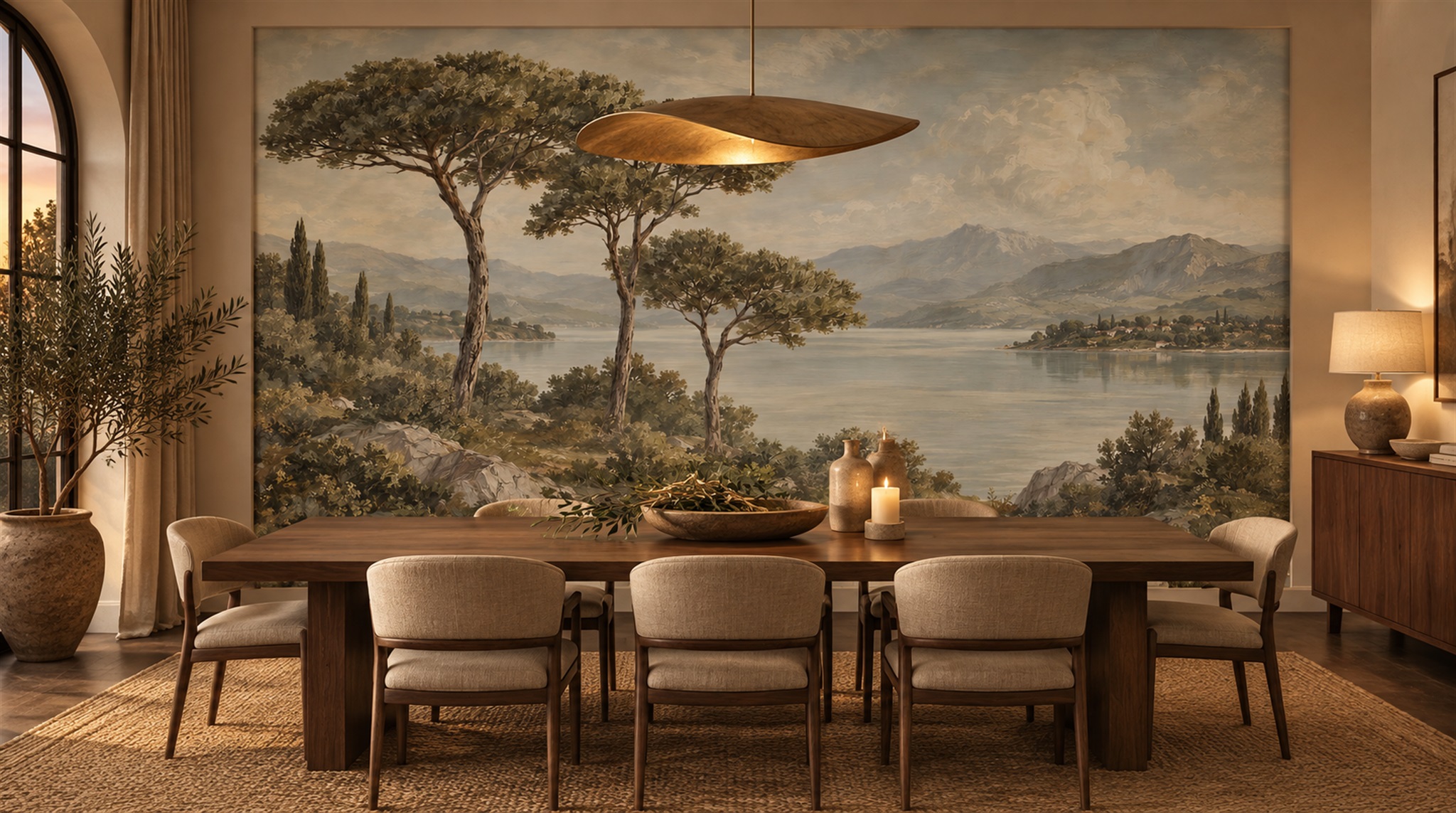 Red And Sage Green A Painterly Scenic Decorative Wallpaper Bedroom-wallpaper-murals, Peel-and-stick Finish