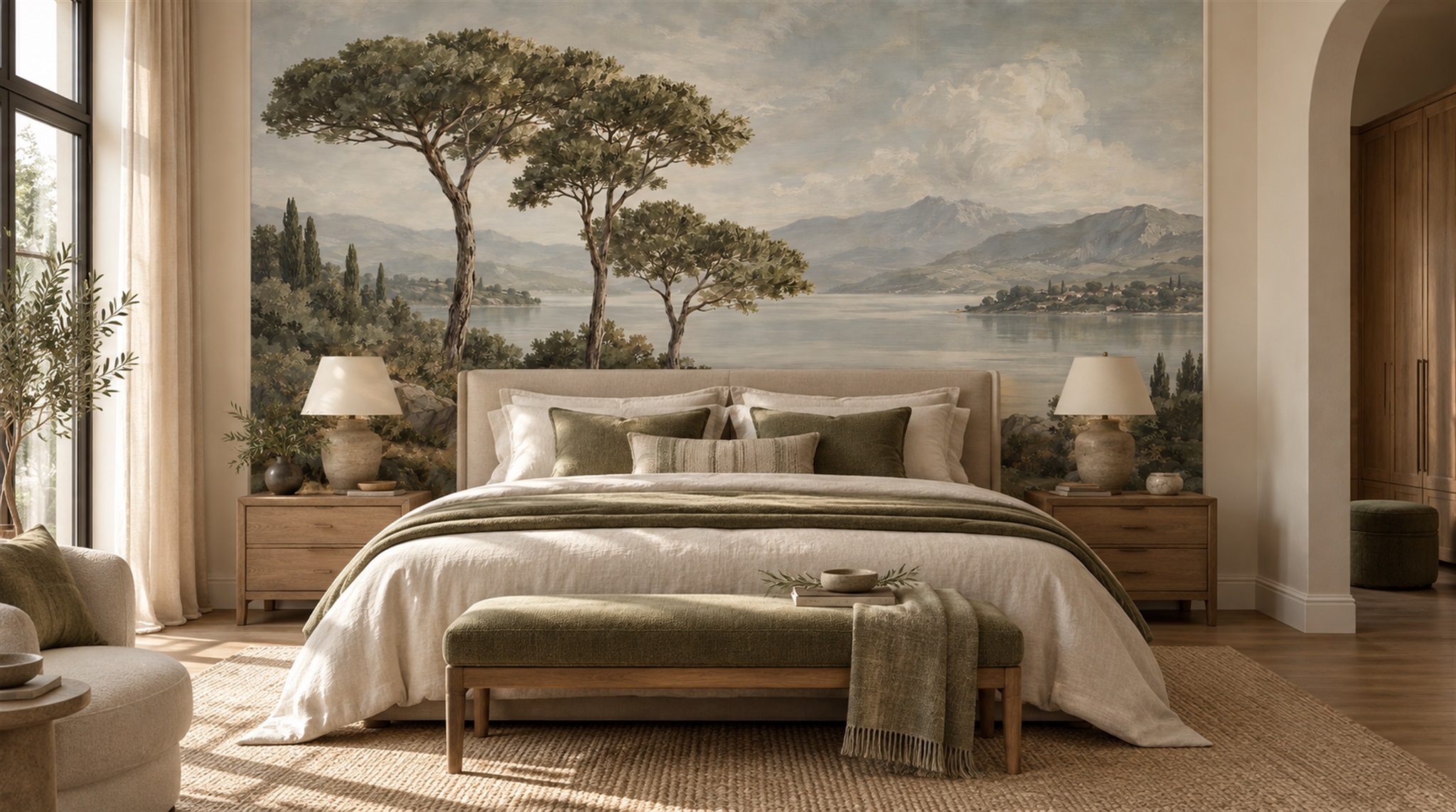 Red And Sage Green A Painterly Scenic Decorative Wallpaper Dining-room-wallpaper-murals, Shown In A Dining Room, Peel-and-stick Finish