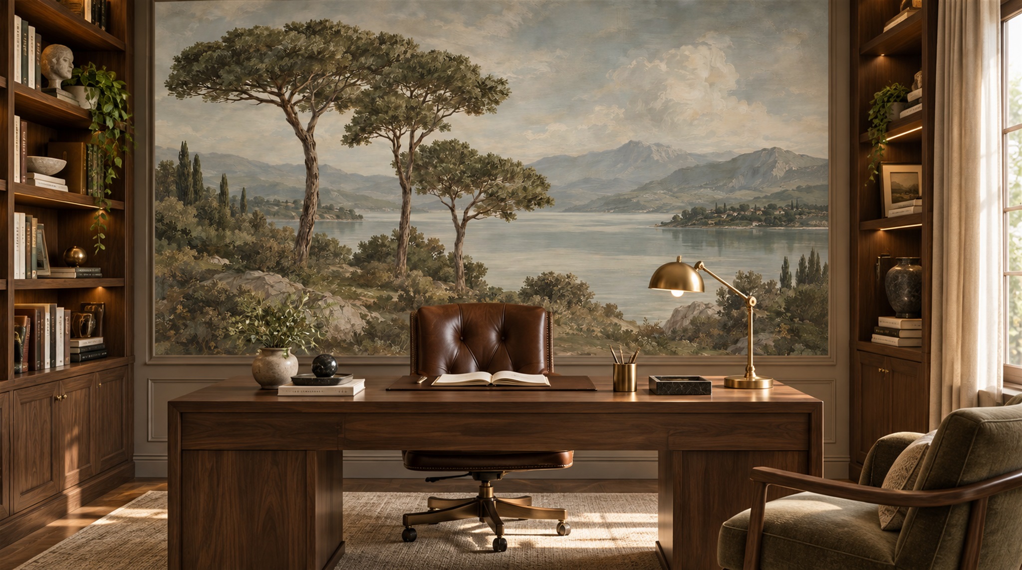 Red And Sage Green A Painterly Scenic Decorative Wallpaper Living-room-wallpaper-murals, Shown In A Living Room, Peel-and-stick Finish