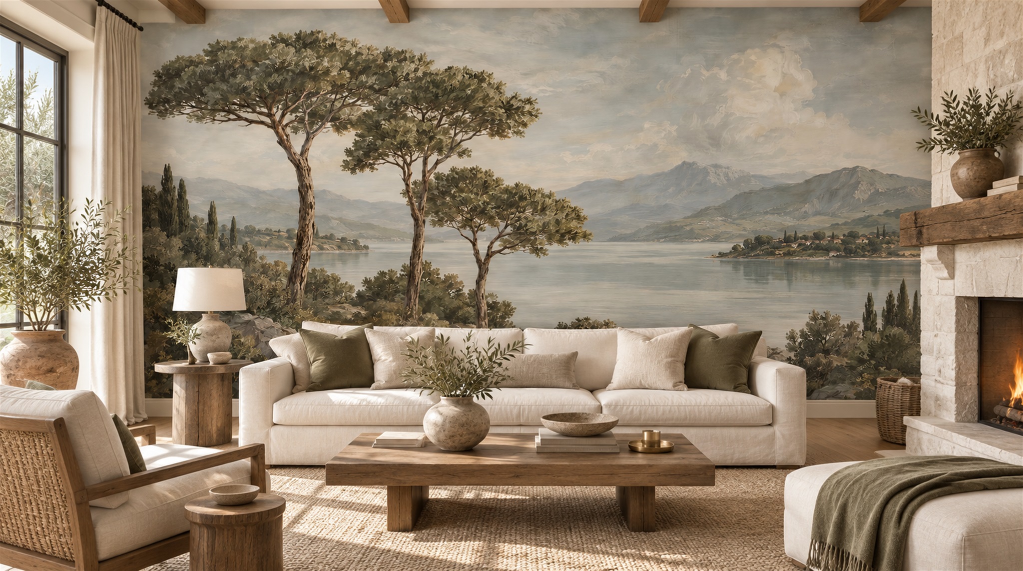 Red And Sage Green A Painterly Scenic Decorative Wallpaper Office-wallpaper-murals, Shown In A Home Office, Peel-and-stick Finish