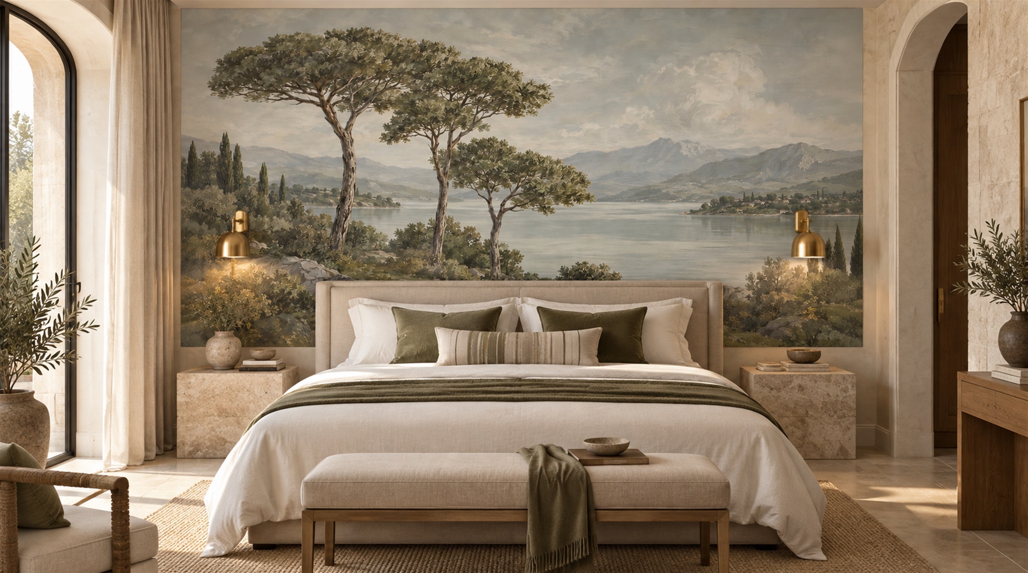 Red And Sage Green A Painterly Scenic Decorative Wallpaper Accent-wall-wallpaper-murals, Peel-and-stick Finish