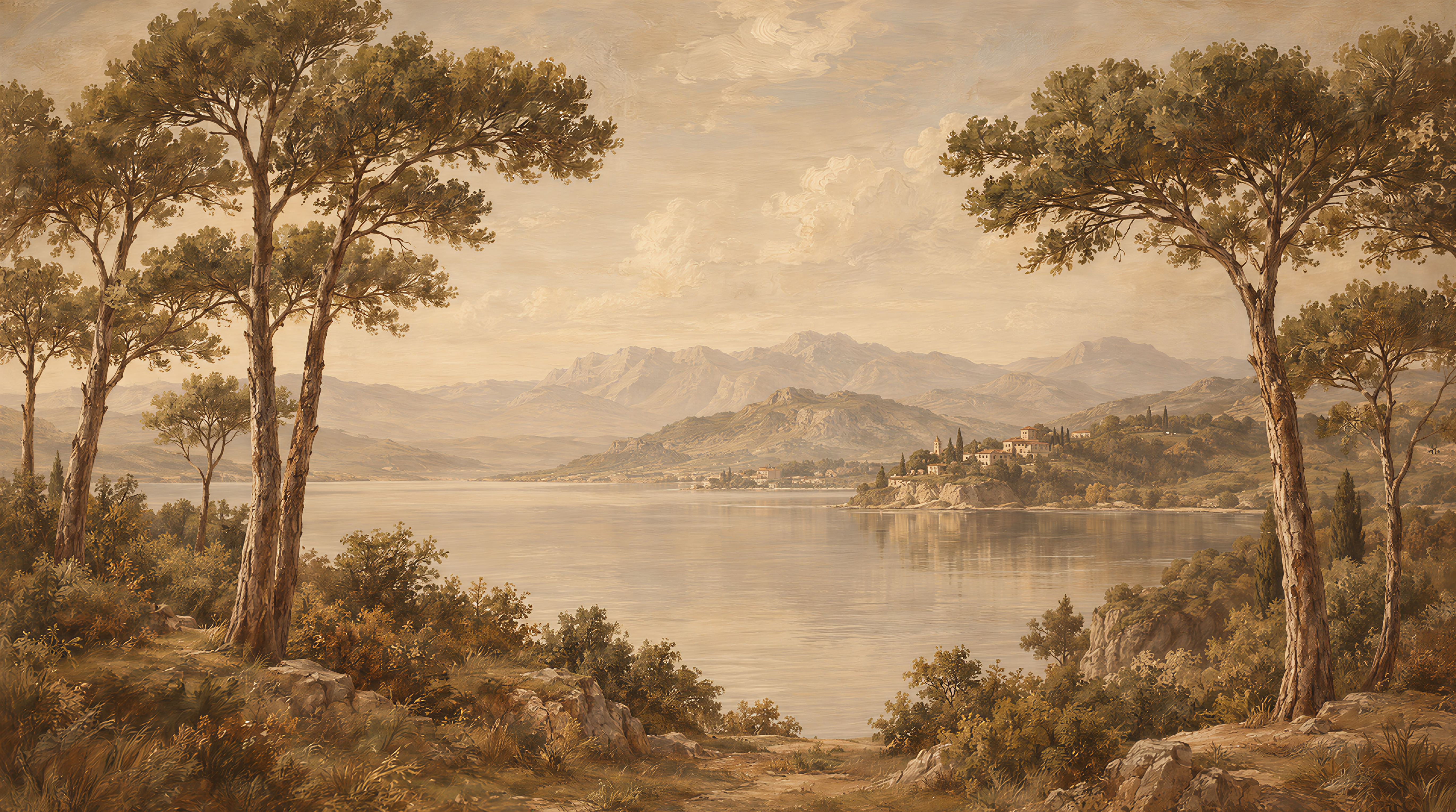 Red And Neutral A Painterly Scenic View Layered Wallpaper, Peel-and-stick Finish
