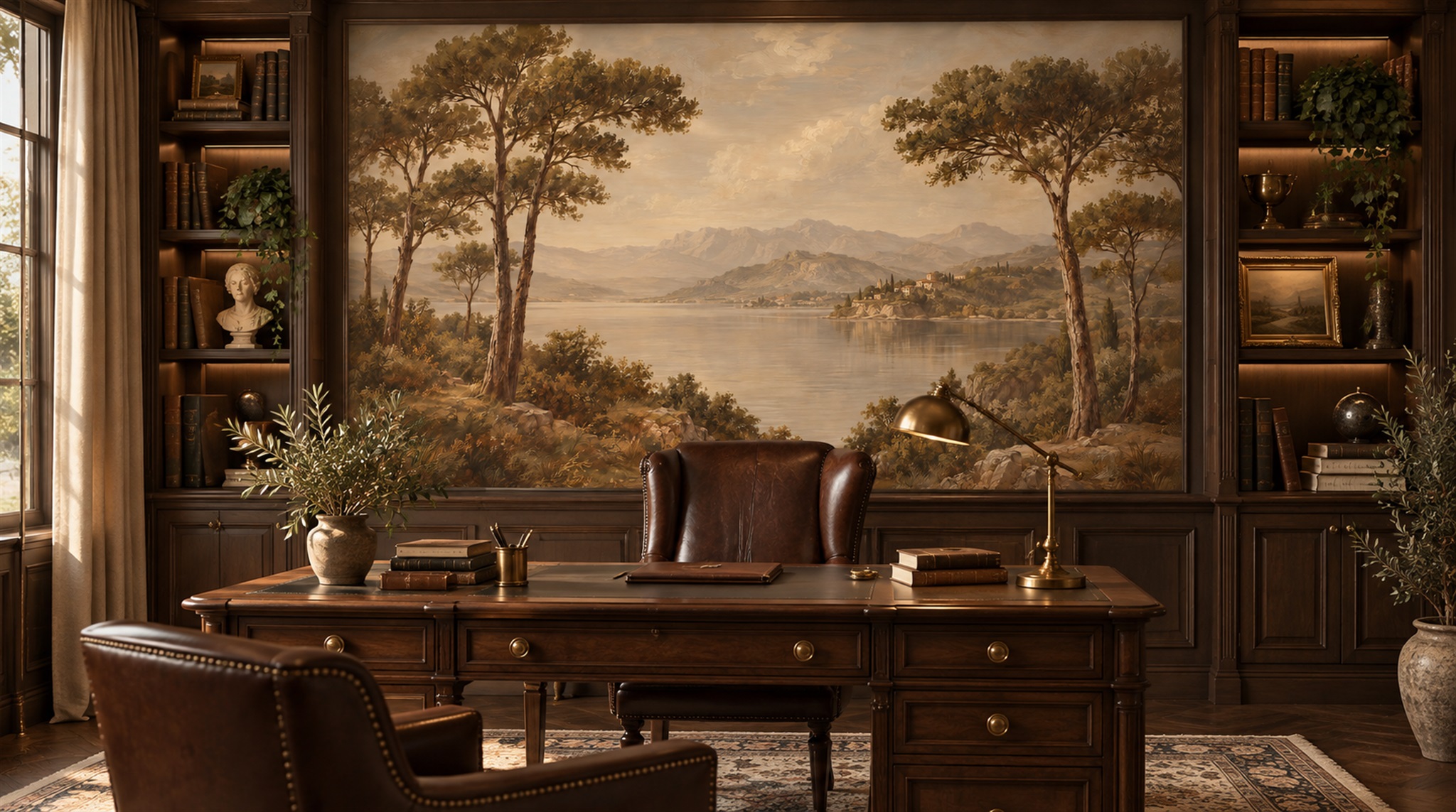 Red And Neutral A Painterly Scenic View Layered Wallpaper Living-room-wallpaper-murals, Shown In A Living Room, Peel-and-stick Finish
