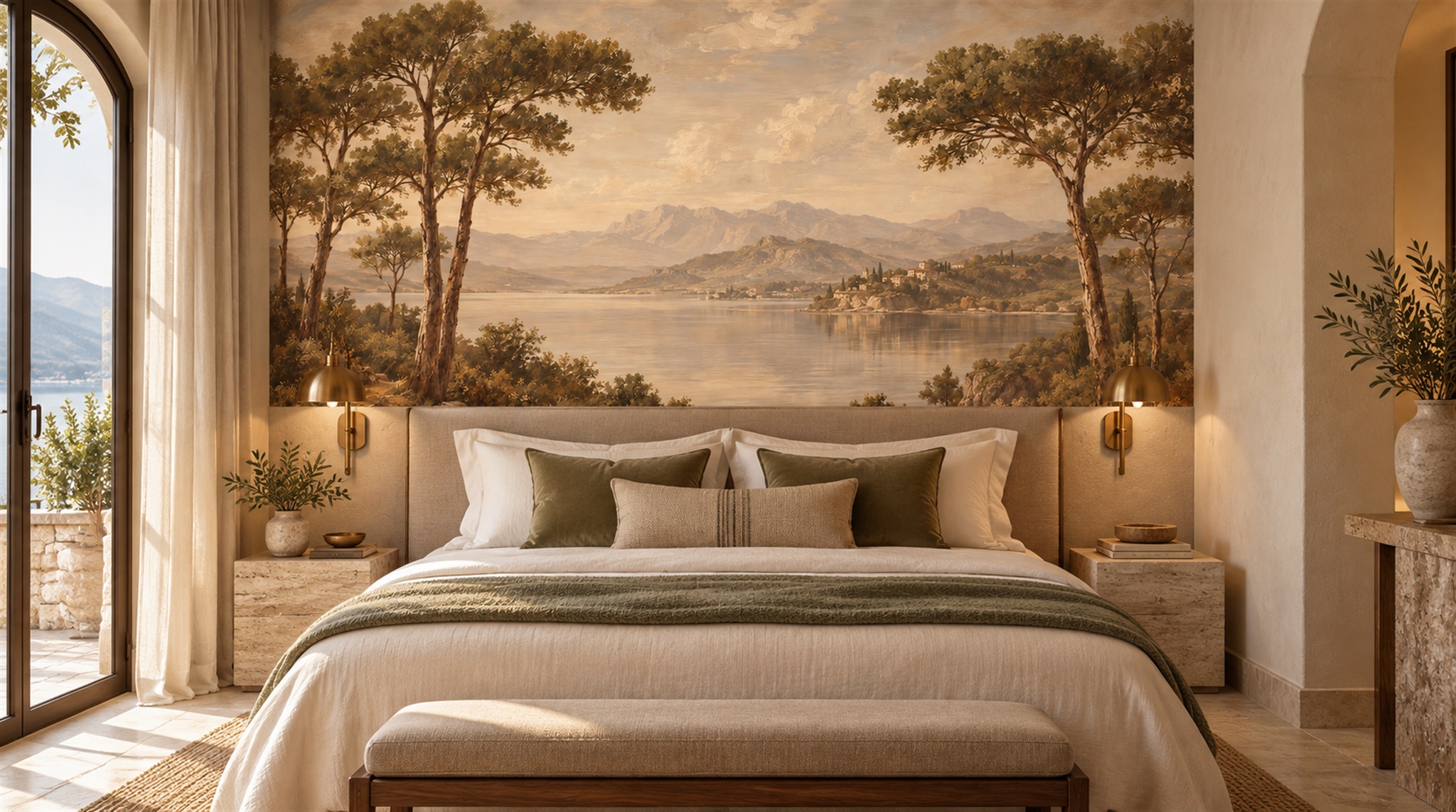 Red And Neutral A Painterly Scenic View Layered Wallpaper Accent-wall-wallpaper-murals, Peel-and-stick Finish