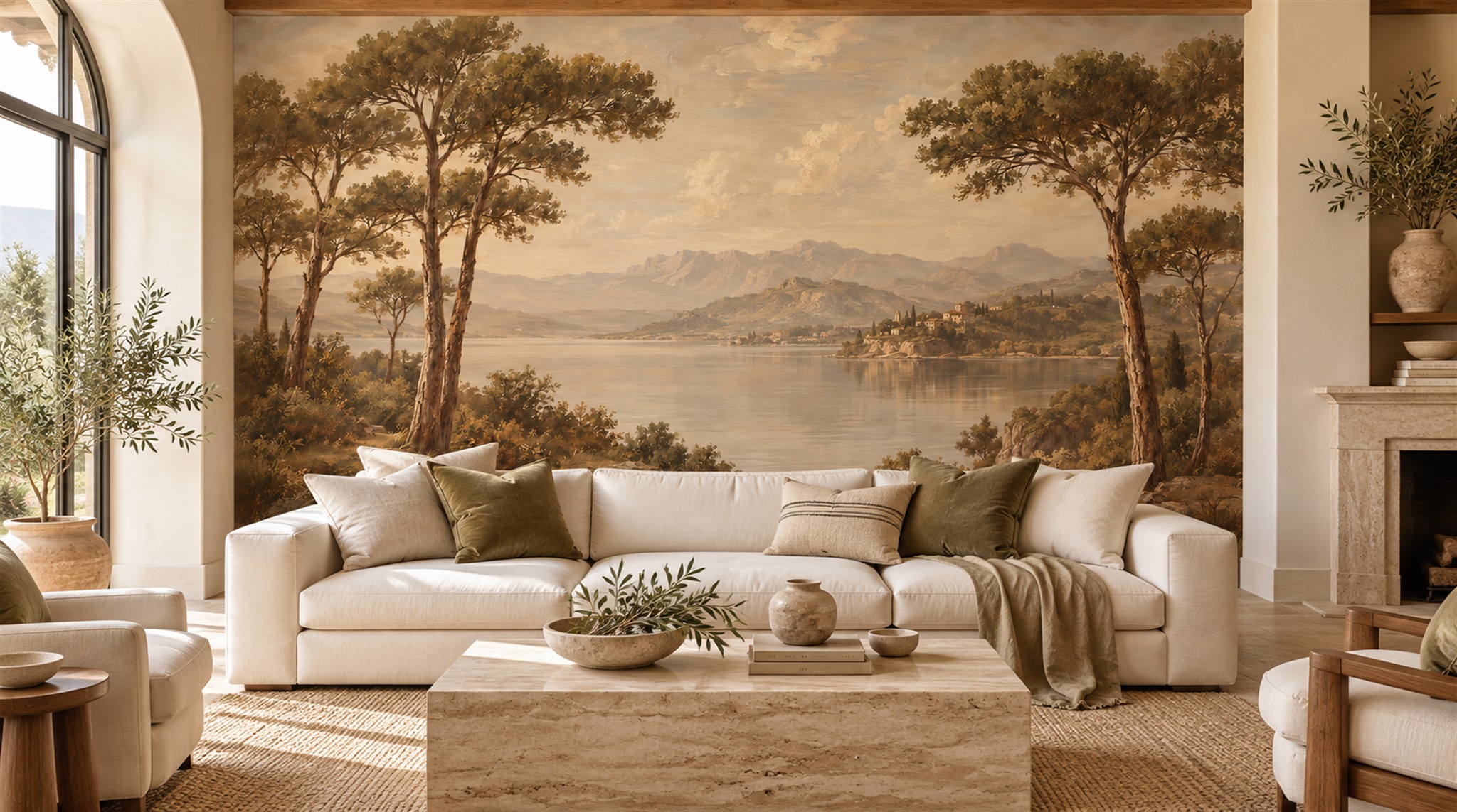 Red And Neutral A Painterly Scenic View Layered Wallpaper Office-wallpaper-murals, Shown In A Home Office, Peel-and-stick Finish