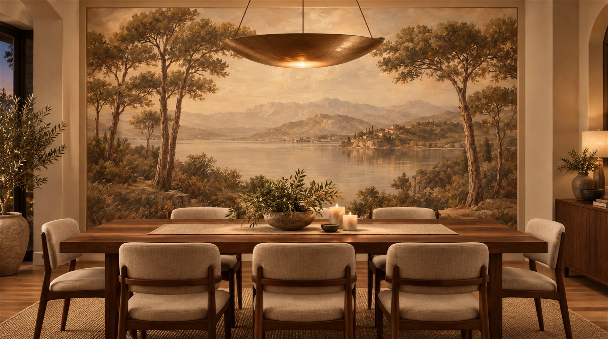 Red And Neutral A Painterly Scenic View Layered Wallpaper Bedroom-wallpaper-murals, Peel-and-stick Finish