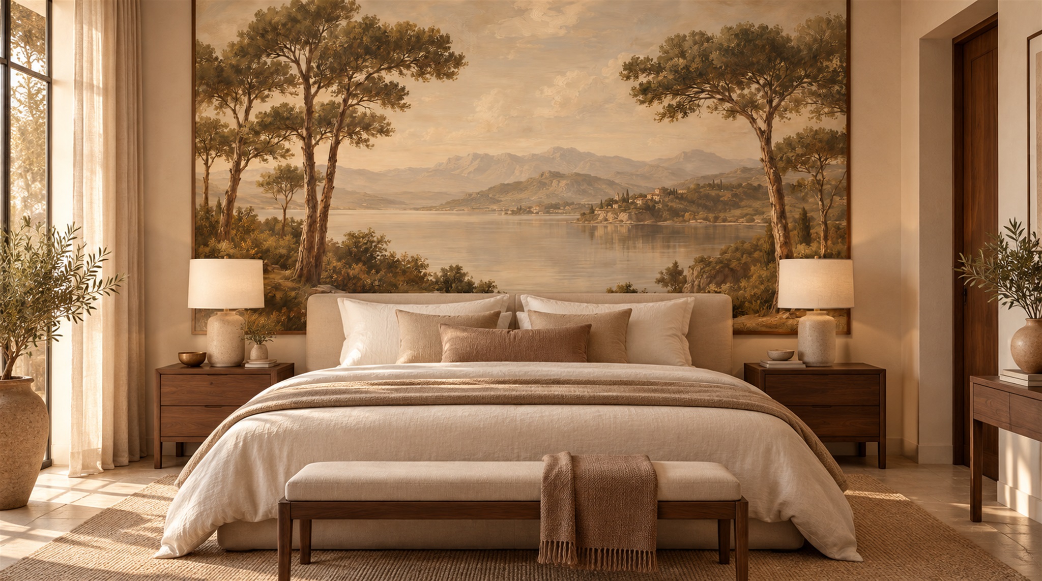 Red And Neutral A Painterly Scenic View Layered Wallpaper Accent-wall-wallpaper-murals, Peel-and-stick Finish