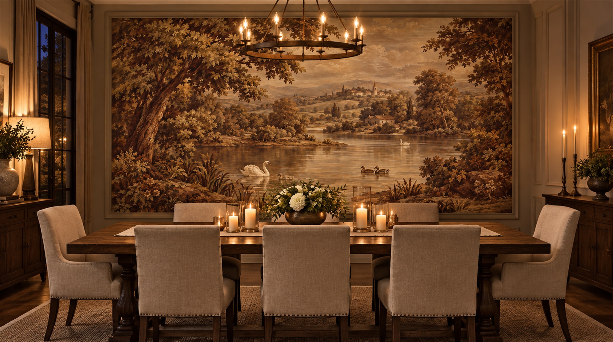 Brown And Red A Painterly Scenic View Wallpaper Mural Accent-wall-wallpaper-murals, Peel-and-stick Finish