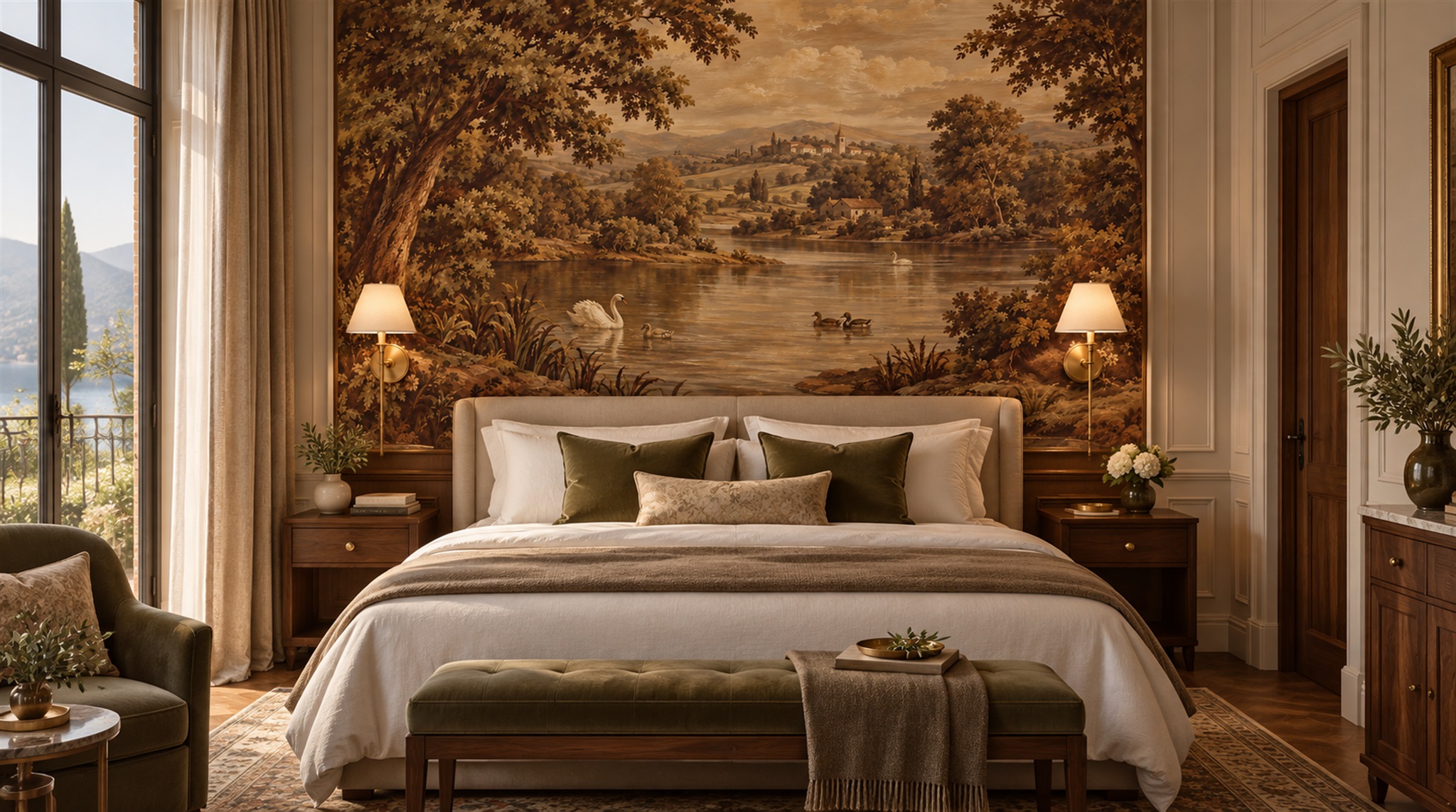 Brown And Red A Painterly Scenic View Wallpaper Mural Bedroom-wallpaper-murals, Peel-and-stick Finish